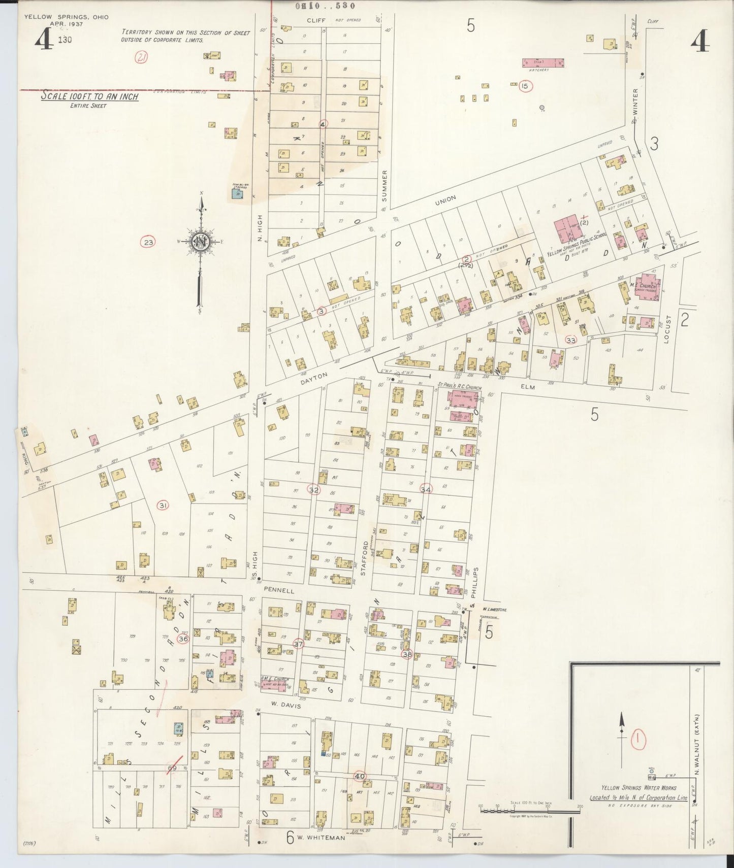 Sanborn Fire Insurance Map from Yellow Springs, Greene County, Ohio (1945), Sheet #0004 - Historic Sanborn Fire Insurance Map Print, vintage old map wall art, antique decor, genealogy gift, Ohio Ohio map