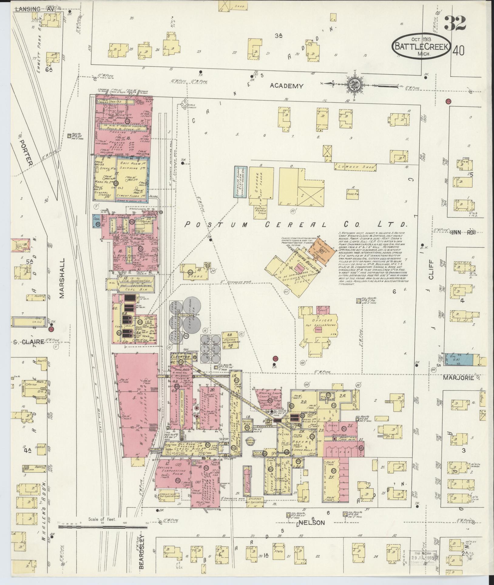 Sanborn Fire Insurance Map from Battle Creek, Calhoun County, Michigan (1913), Sheet #0032 - Complete Map Set gallery image, historic Sanborn map, vintage wall art, Michigan Michigan