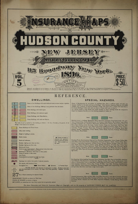 Sanborn Fire Insurance Map from Hudson Co., Hudson County, New Jersey (1896), Sheet #0001 - Historic Sanborn Fire Insurance Map Print, vintage old map wall art, antique decor, genealogy gift, New Jersey New Jersey map