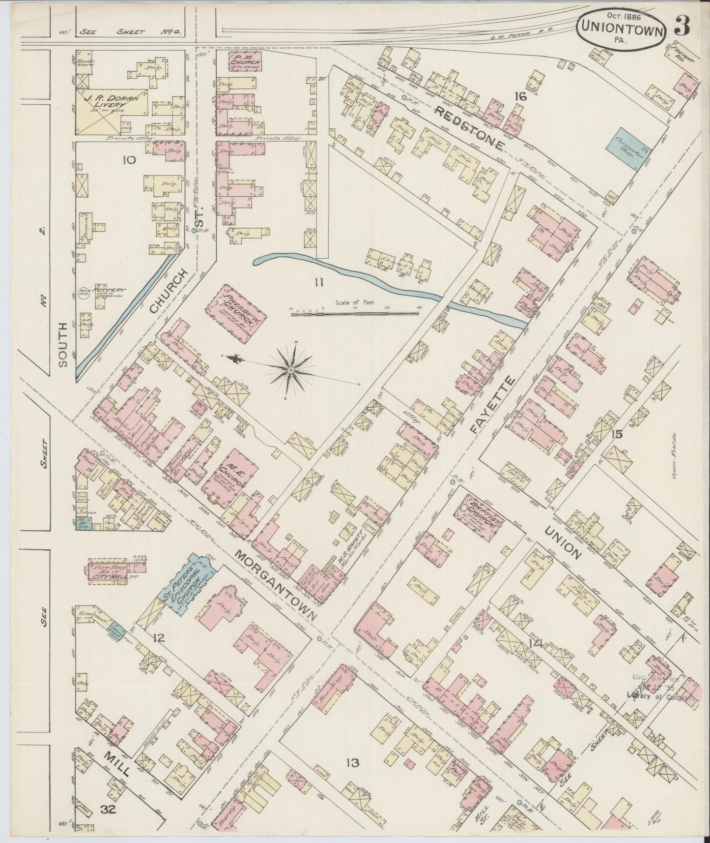 Sanborn Fire Insurance Map from Uniontown, Fayette County, Pennsylvania (1886), Sheet #0003 - Historic Sanborn Fire Insurance Map Print, vintage old map wall art, antique decor, genealogy gift, Pennsylvania Pennsylvania map