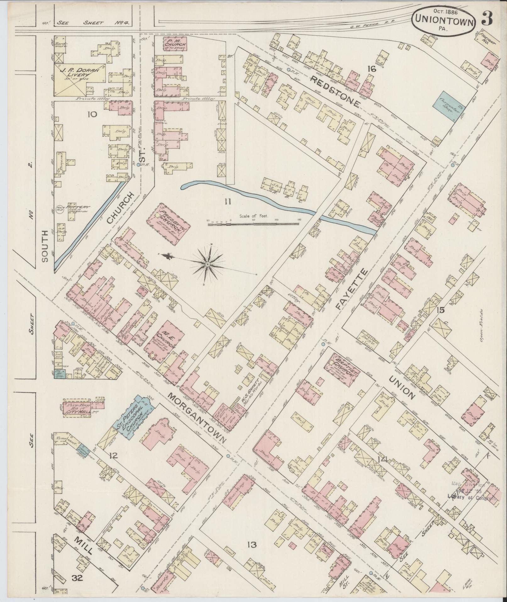 Sanborn Fire Insurance Map from Uniontown, Fayette County, Pennsylvania (1886), Sheet #0003 - Historic Sanborn Fire Insurance Map Print, vintage old map wall art, antique decor, genealogy gift, Pennsylvania Pennsylvania map