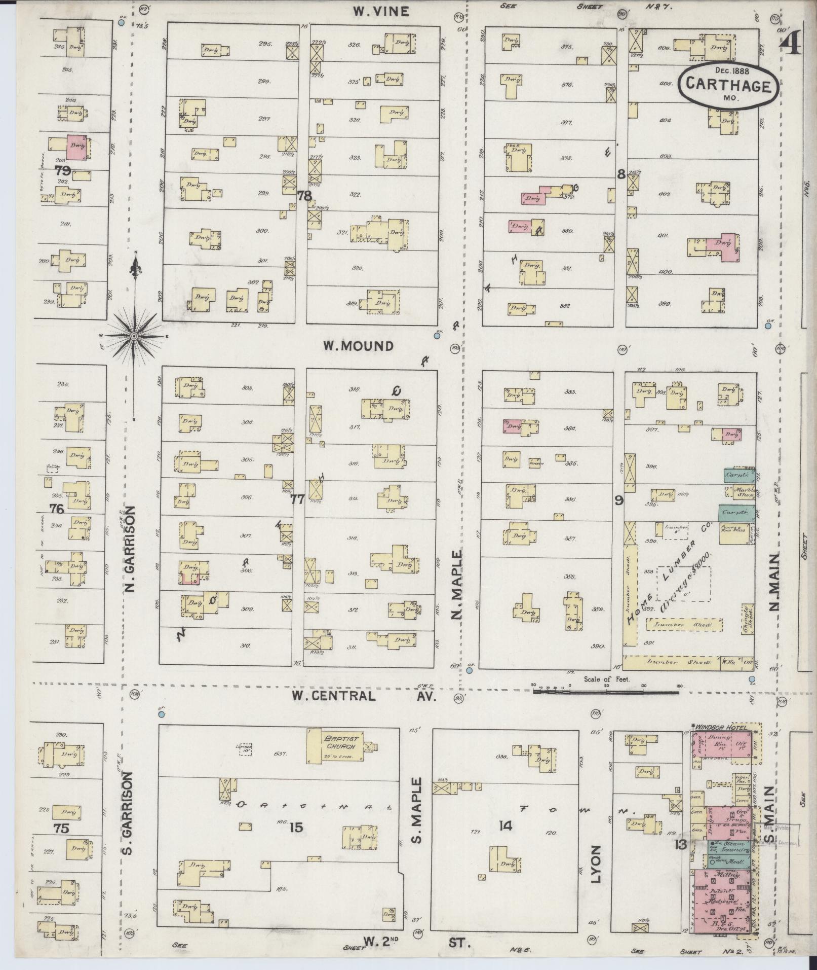 Sanborn Fire Insurance Map from Carthage, Jasper County, Missouri (1888), Sheet #0004 - Historic Sanborn Fire Insurance Map Print, vintage old map wall art, antique decor, genealogy gift, Missouri Missouri map