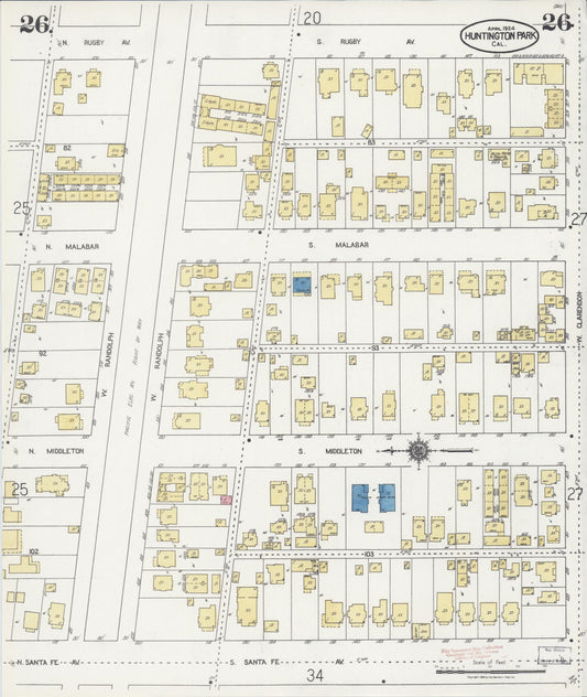 Sanborn Fire Insurance Map from Huntington Park, Los Angeles County, California (1924), Sheet #0026 - Historic Sanborn Fire Insurance Map Print, vintage old map wall art, antique decor, genealogy gift, California California map