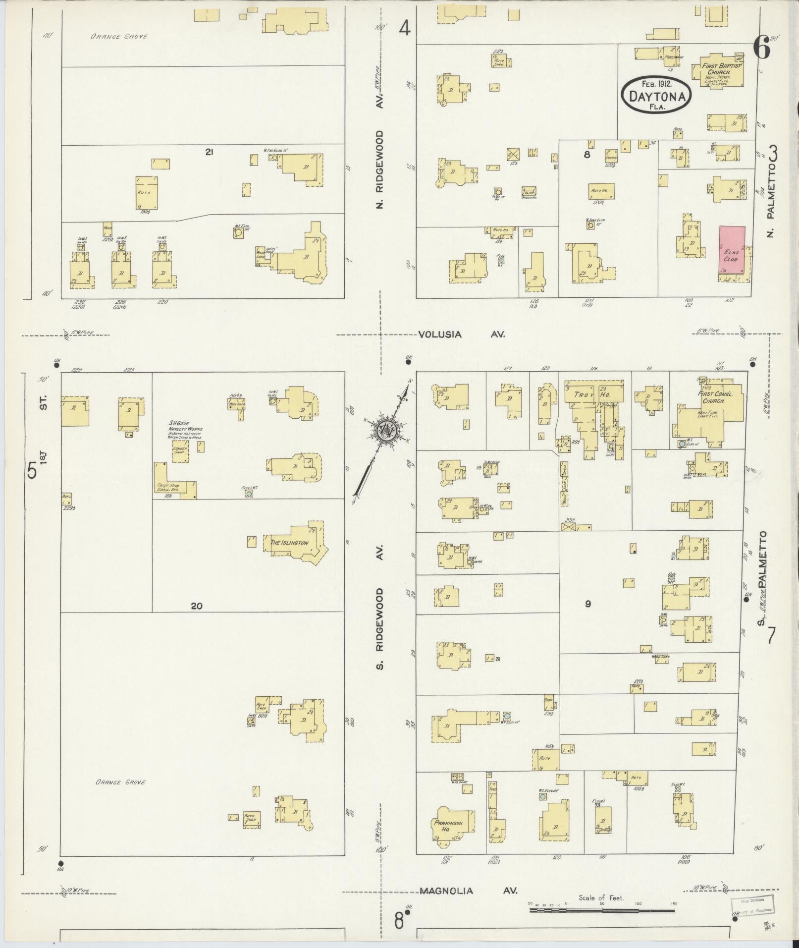 Sanborn Fire Insurance Map from Daytona, Volusia County, Florida (1912), Sheet #0006 - Complete Map Set gallery image, historic Sanborn map, vintage wall art, Florida Florida