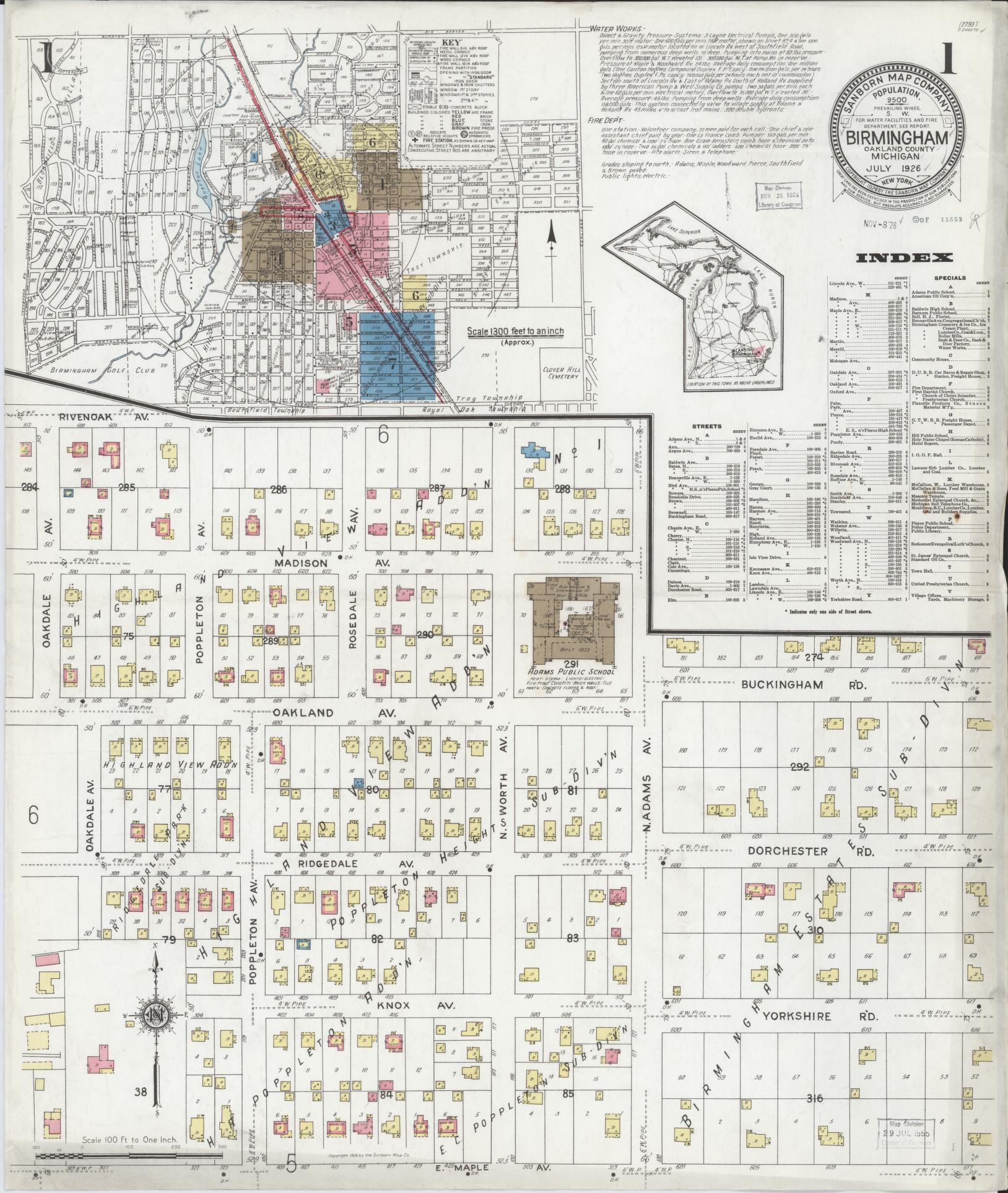 Sanborn Fire Insurance Map from Birmingham, Oakland County, Michigan (1926), Sheet #0001 - Complete Map Set gallery image, historic Sanborn map, vintage wall art, Michigan Michigan