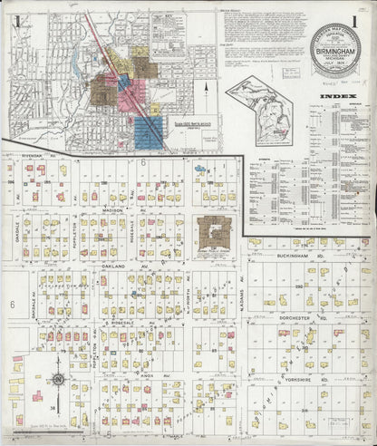 Sanborn Fire Insurance Map from Birmingham, Oakland County, Michigan (1926), Sheet #0001 - Complete Map Set gallery image, historic Sanborn map, vintage wall art, Michigan Michigan