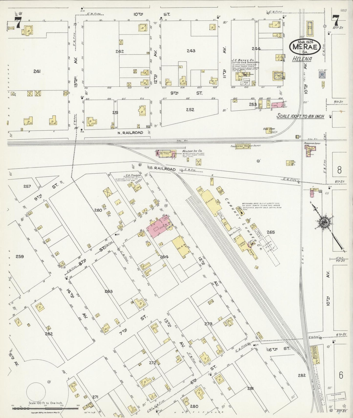 Sanborn Fire Insurance Map from Mcrae, Telfair County, Georgia (1924), Sheet #0007 - Historic Sanborn Fire Insurance Map Print, vintage old map wall art, antique decor, genealogy gift, Georgia Georgia map