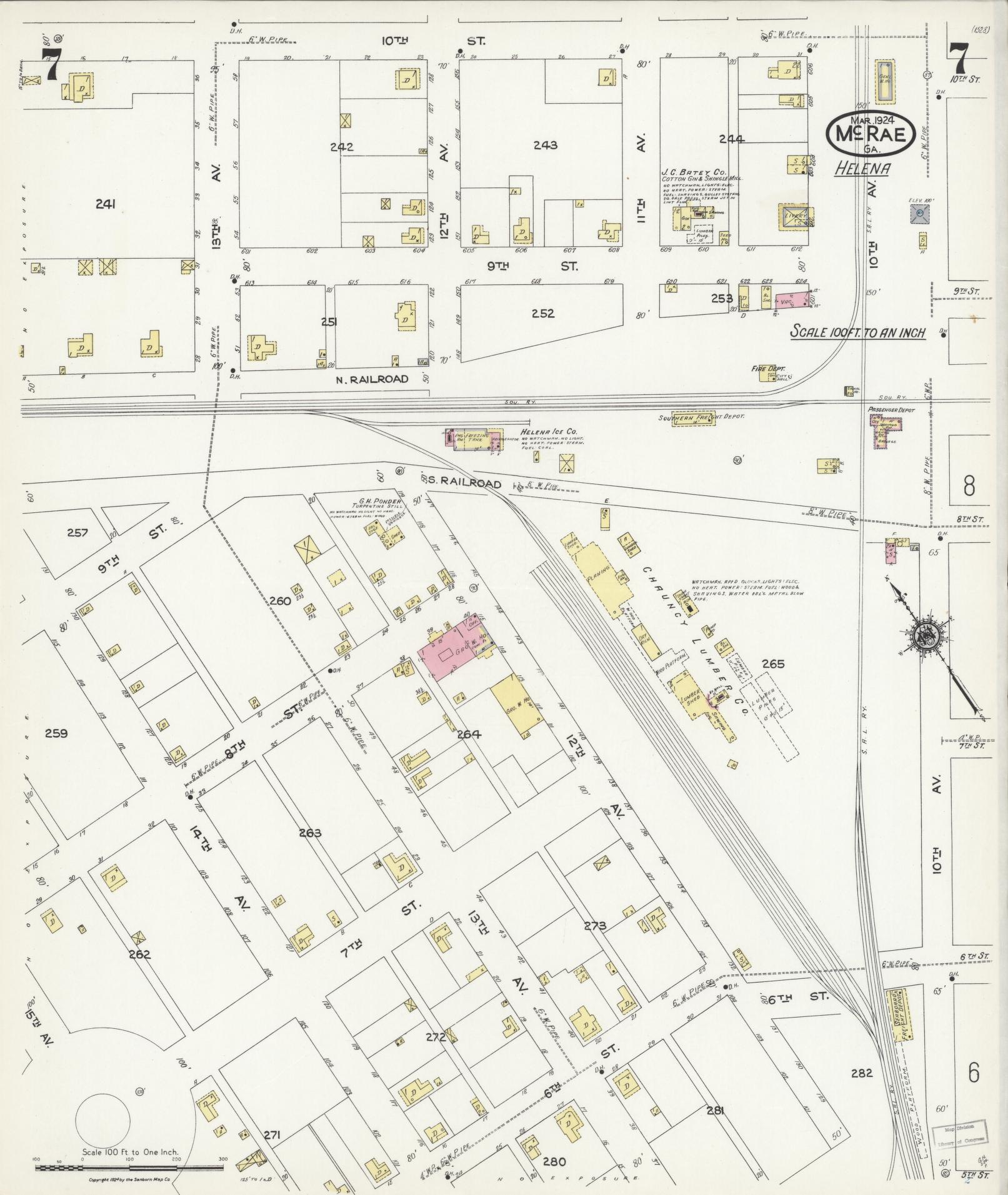 Sanborn Fire Insurance Map from Mcrae, Telfair County, Georgia (1924), Sheet #0007 - Historic Sanborn Fire Insurance Map Print, vintage old map wall art, antique decor, genealogy gift, Georgia Georgia map