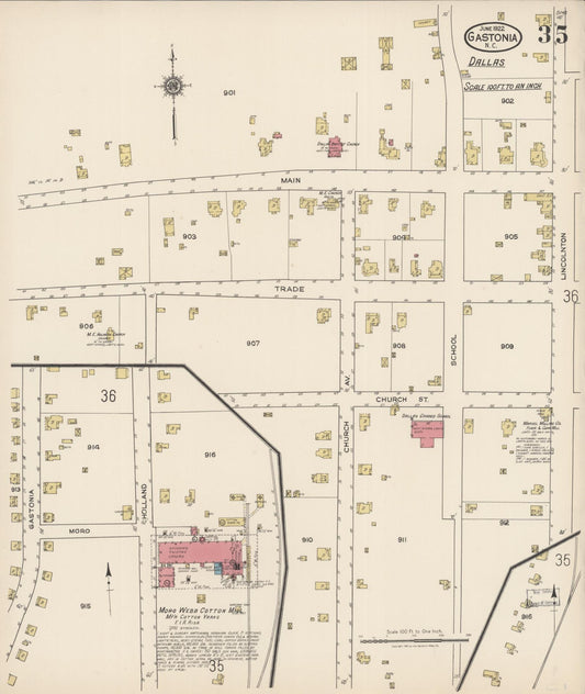 Sanborn Fire Insurance Map from Gastonia, Gaston County, North Carolina (1922), Sheet #0035 - Historic Sanborn Fire Insurance Map Print, vintage old map wall art, antique decor, genealogy gift, North Carolina North Carolina map