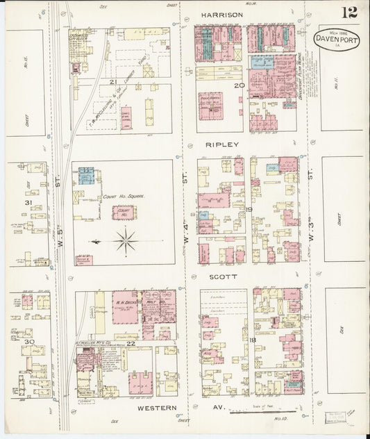 Sanborn Fire Insurance Map from Davenport, Scott County, Iowa (1886), Sheet #0012 - Historic Sanborn Fire Insurance Map Print, vintage old map wall art