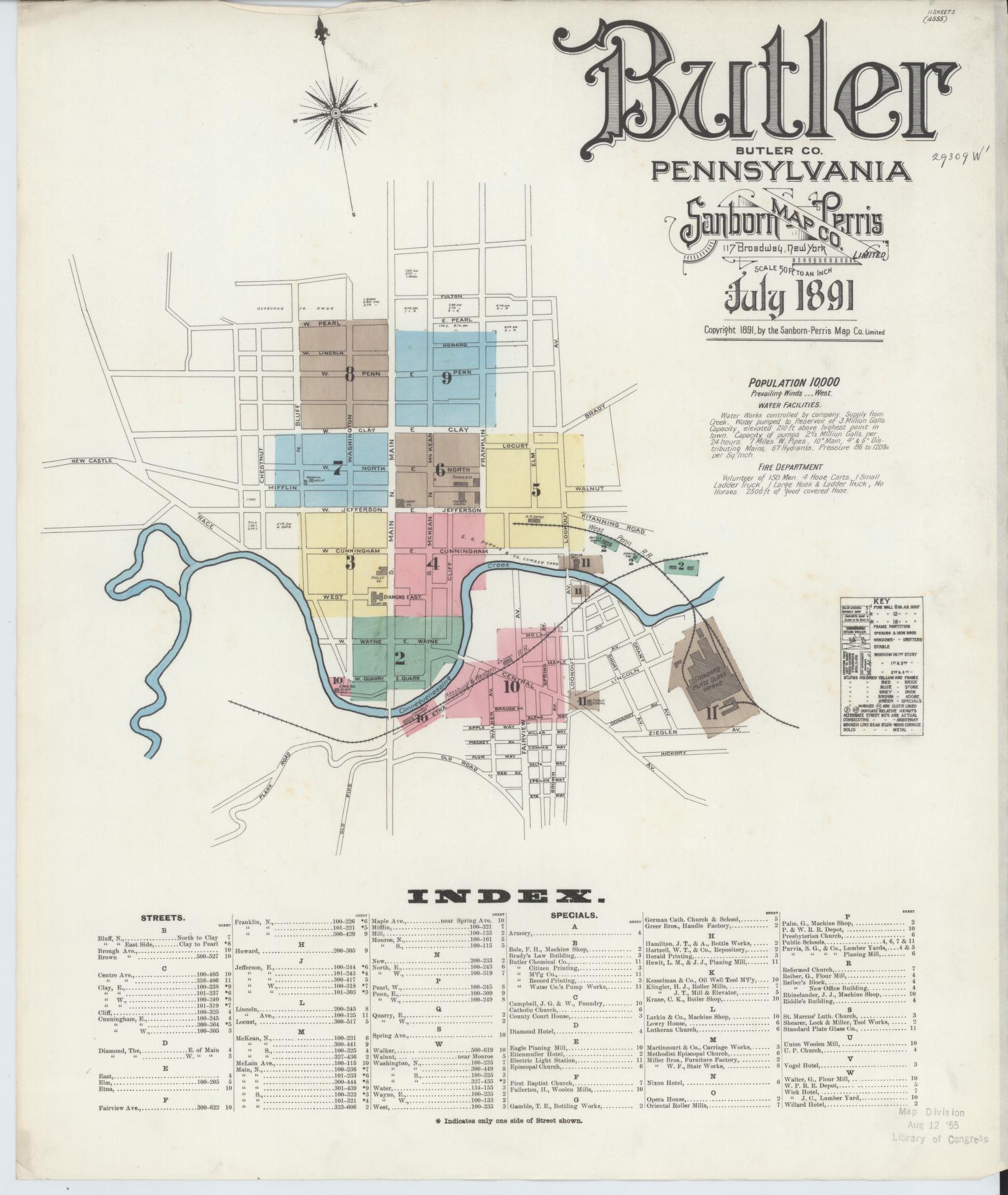 Sanborn Fire Insurance Map from Butler, Butler County, Pennsylvania (1891), Sheet #0001 - Historic Sanborn Fire Insurance Map Print, vintage old map wall art, antique decor, genealogy gift, Pennsylvania Pennsylvania map