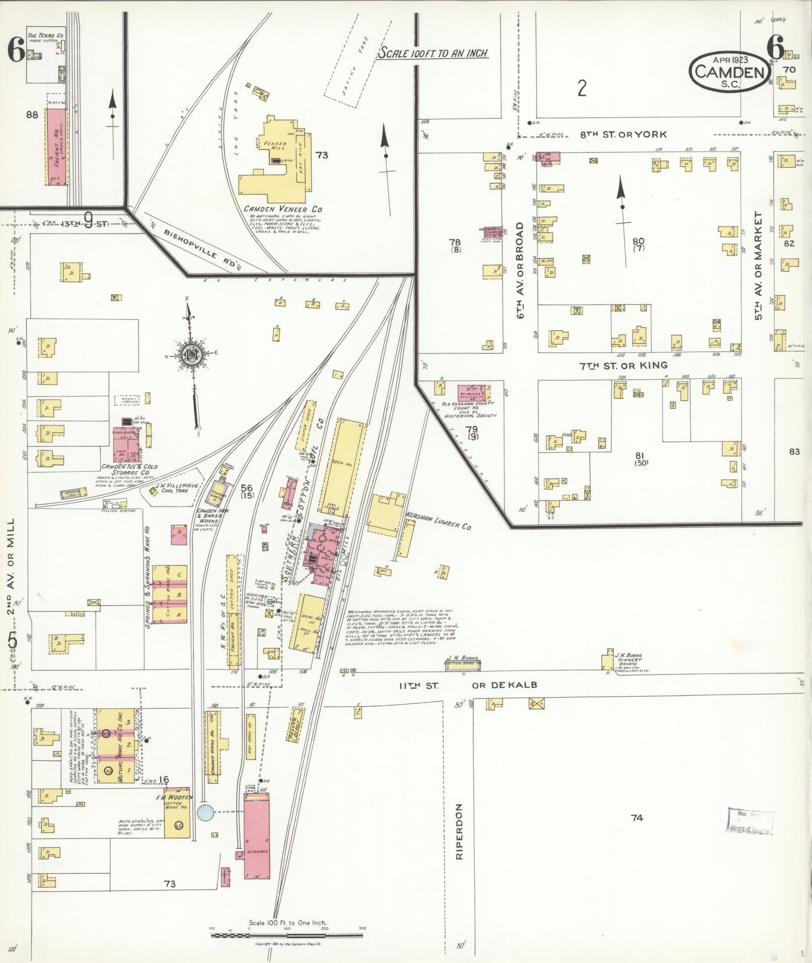 Sanborn Fire Insurance Map from Camden, Kershaw County, South Carolina (1923), Sheet #0006 - Complete Map Set gallery image, historic Sanborn map, vintage wall art, South Carolina South Carolina
