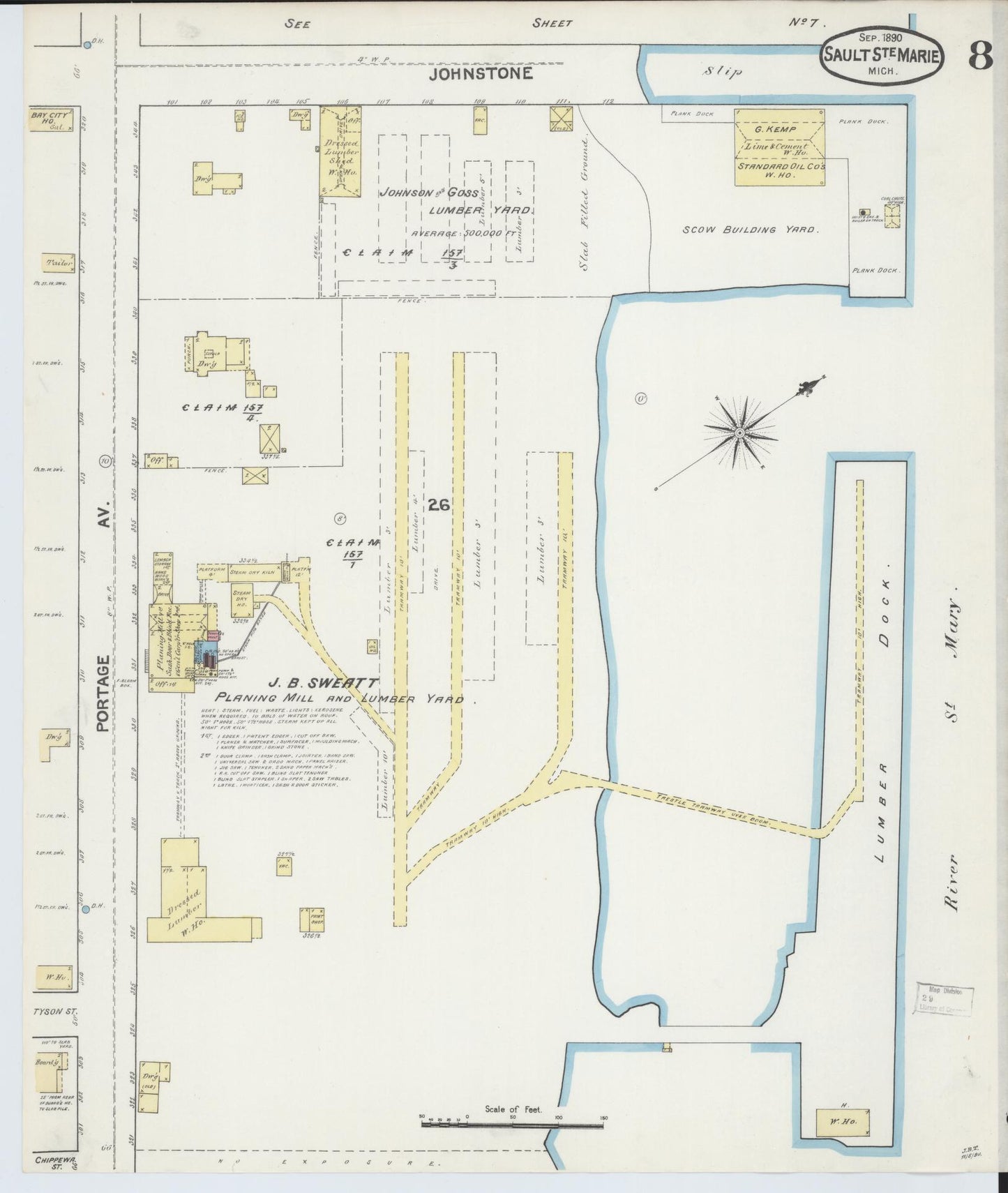 Sanborn Fire Insurance Map from Sault Sainte Marie, Chippewa County, Michigan (1890), Sheet #0008 - Historic Sanborn Fire Insurance Map Print, vintage old map wall art, antique decor, genealogy gift, Michigan Michigan map