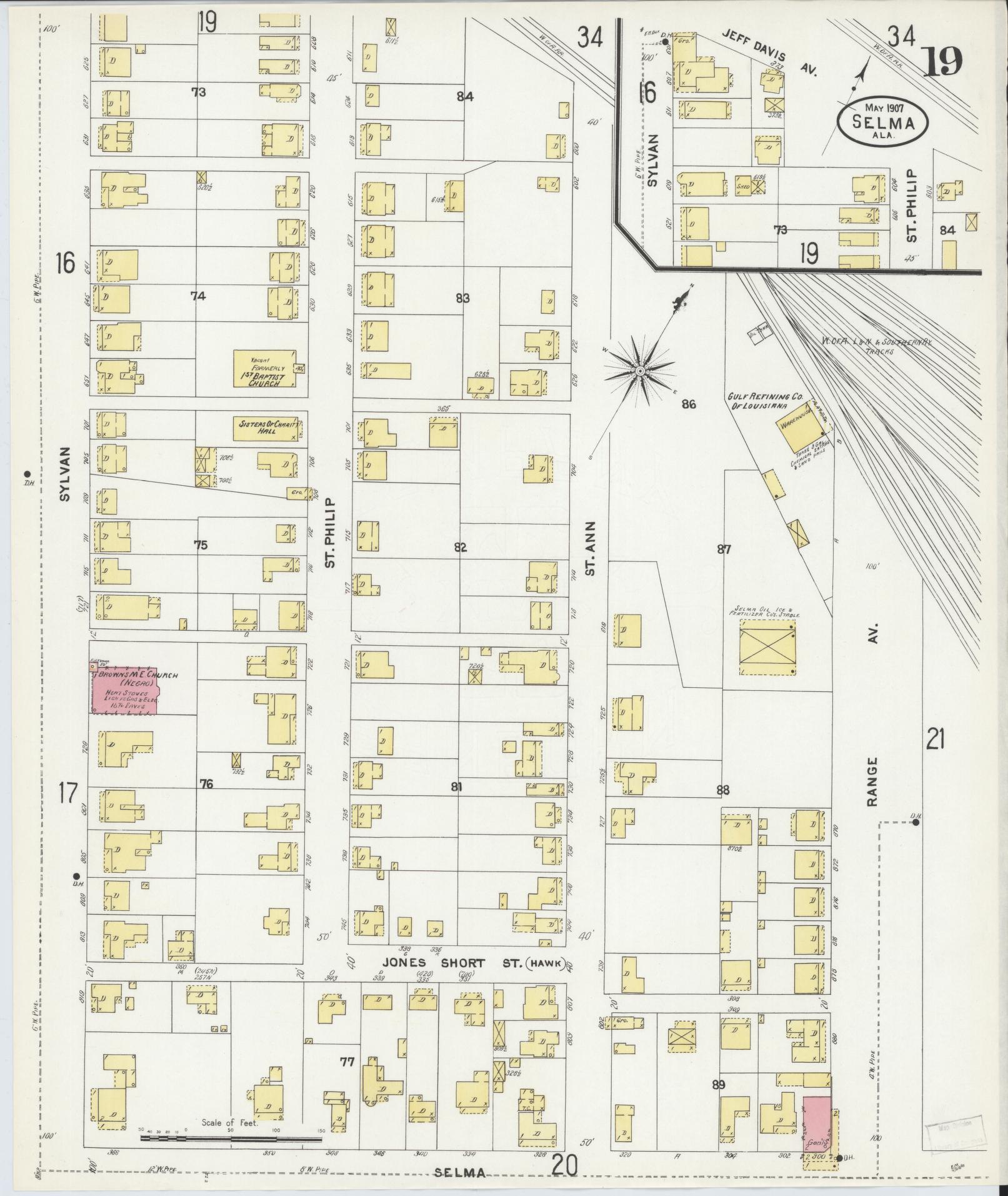 Sanborn Fire Insurance Map from Selma, Dallas County, Alabama (1907), Sheet #0019 - Historic Sanborn Fire Insurance Map Print, vintage old map wall art, antique decor, genealogy gift, Alabama Alabama map
