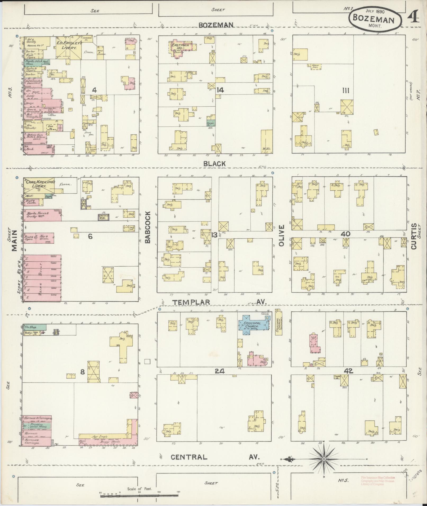 Sanborn Fire Insurance Map from Bozeman, Gallatin County, Montana (1890), Sheet #0004 - Historic Sanborn Fire Insurance Map Print, vintage old map wall art, antique decor, genealogy gift, Montana Montana map