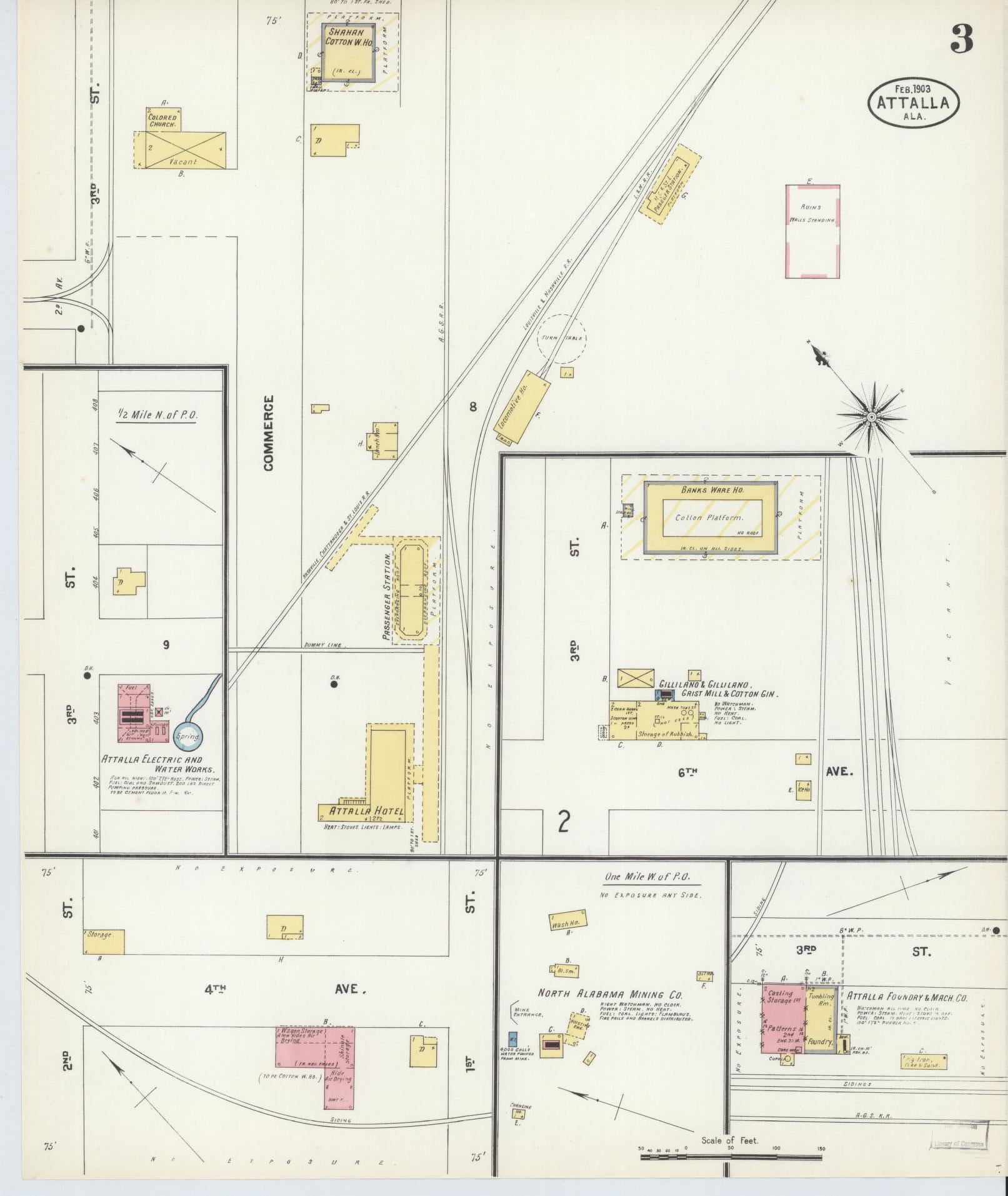 Sanborn Fire Insurance Map from Attalla, Etowah County, Alabama (1903), Sheet #0003 - Historic Sanborn Fire Insurance Map Print, vintage old map wall art, antique decor, genealogy gift, Alabama Alabama map