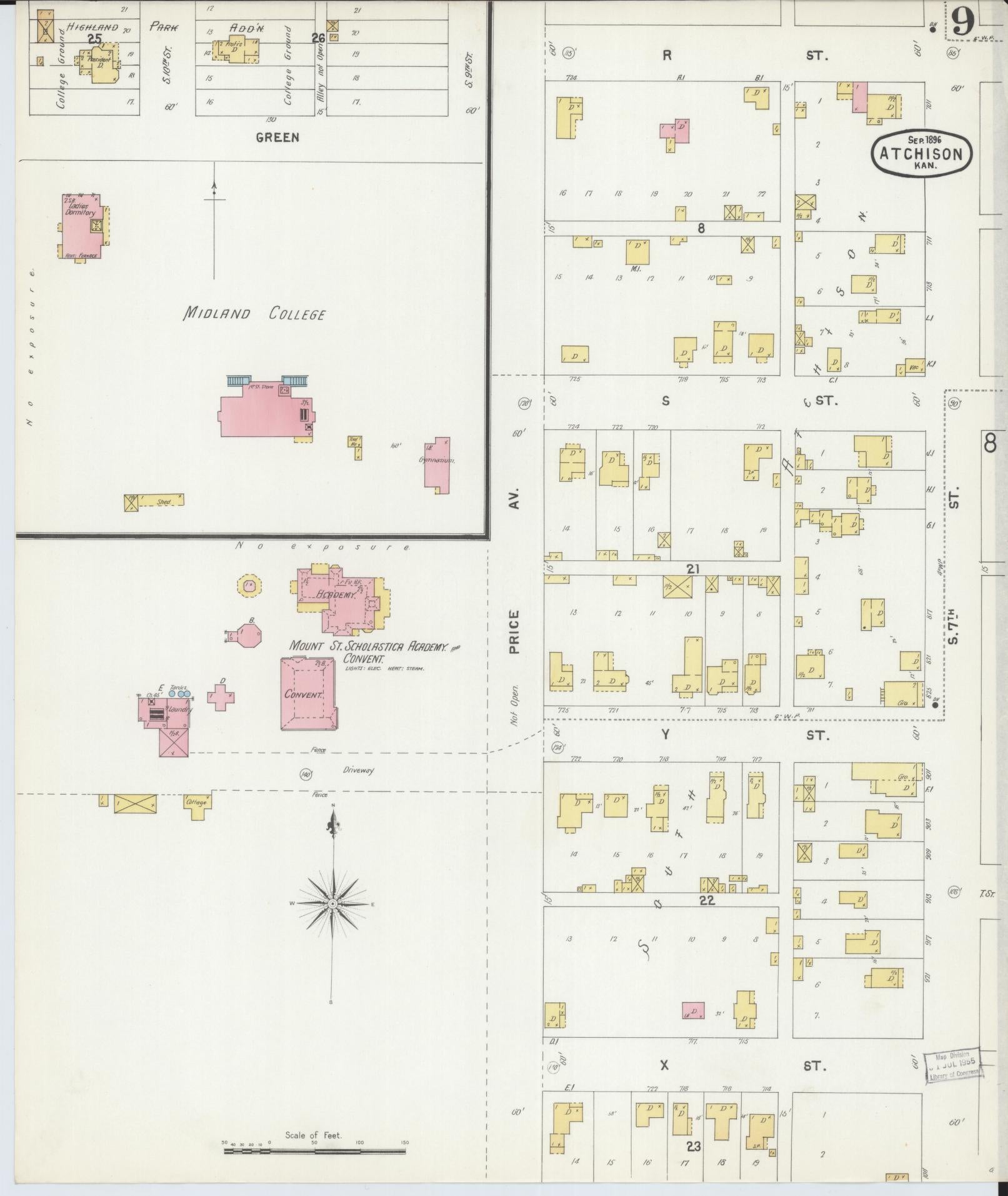 Sanborn Fire Insurance Map from Atchison, Atchison County, Kansas (1896), Sheet #0009 - Historic Sanborn Fire Insurance Map Print, vintage old map wall art, antique decor, genealogy gift, Kansas Kansas map