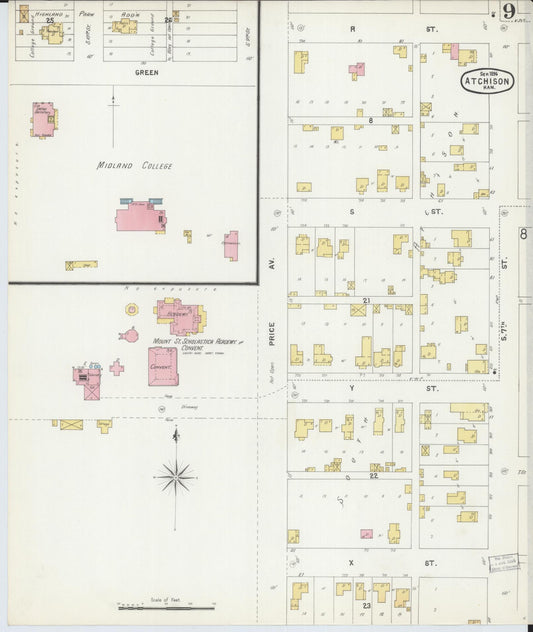Sanborn Fire Insurance Map from Atchison, Atchison County, Kansas (1896), Sheet #0009 - Historic Sanborn Fire Insurance Map Print, vintage old map wall art, antique decor, genealogy gift, Kansas Kansas map