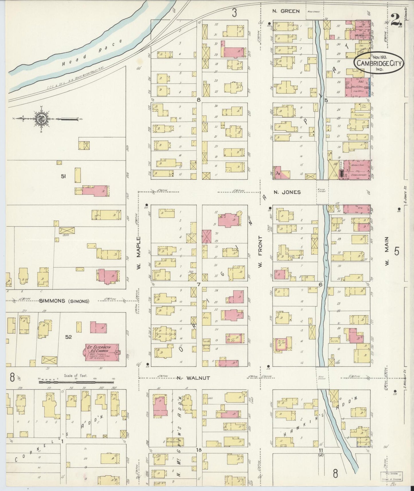 Sanborn Fire Insurance Map from Cambridge City, Wayne County, Indiana (1913), Sheet #0002 - Complete Map Set gallery image, historic Sanborn map, vintage wall art, Indiana Indiana