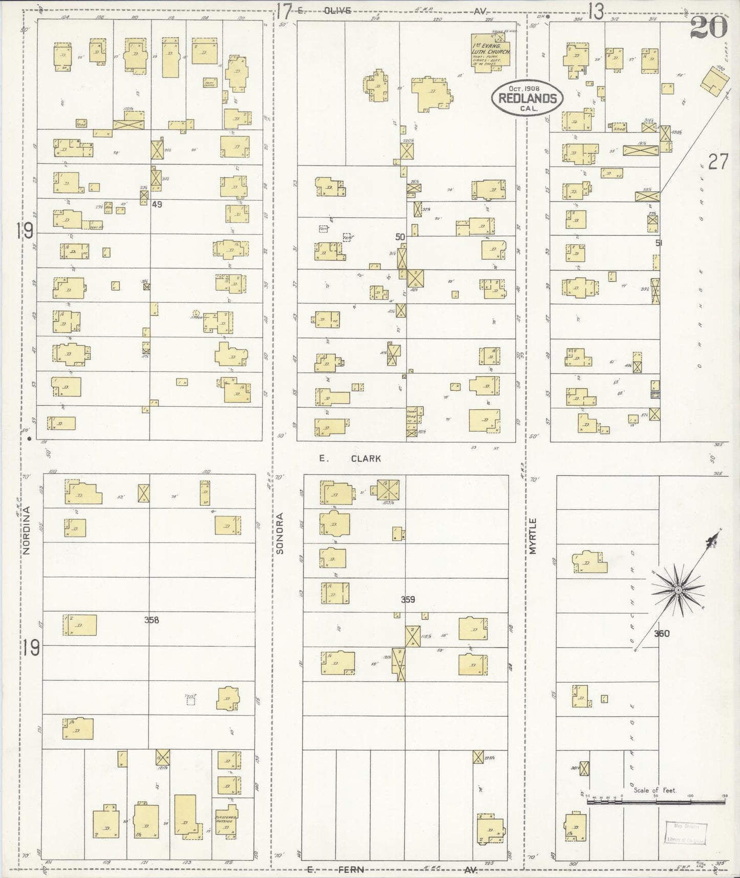 Sanborn Fire Insurance Map from Redlands, San Bernardino County, California (1908), Sheet #0020 - Complete Map Set gallery image, historic Sanborn map, vintage wall art, California California