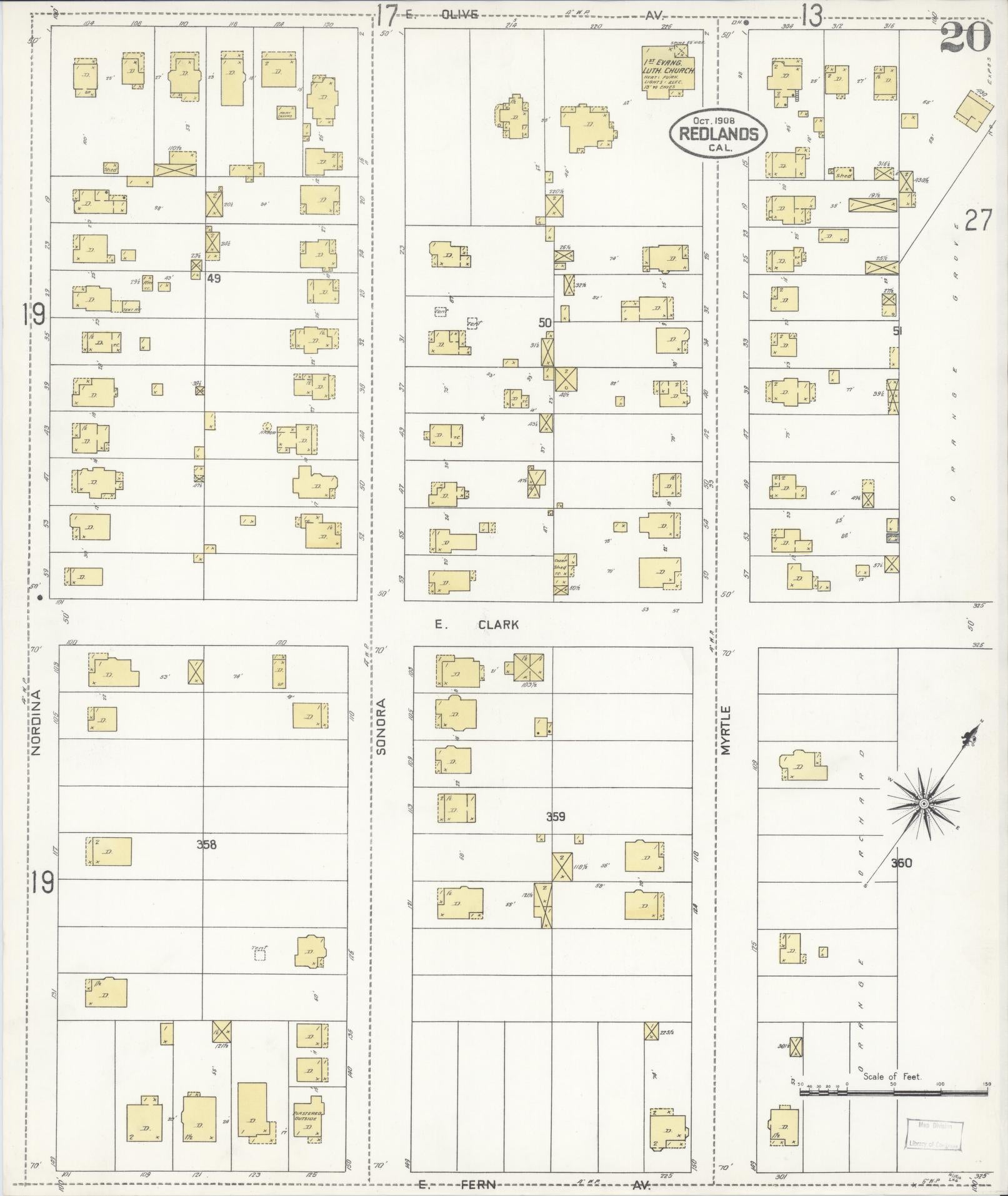 Sanborn Fire Insurance Map from Redlands, San Bernardino County, California (1908), Sheet #0020 - Complete Map Set gallery image, historic Sanborn map, vintage wall art, California California