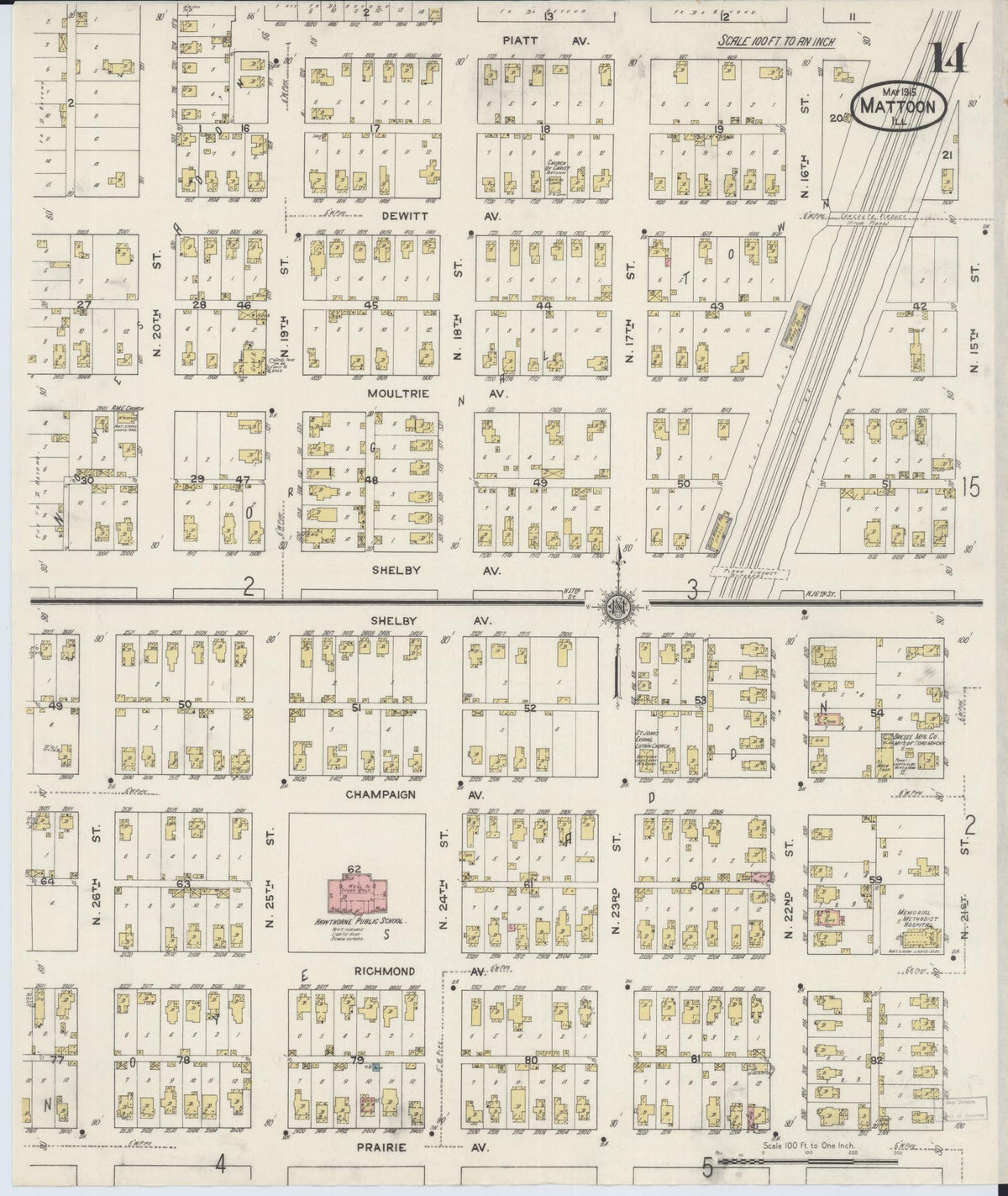 Sanborn Fire Insurance Map from Mattoon, Coles County, Illinois (1915), Sheet #0014 - Historic Sanborn Fire Insurance Map Print, vintage old map wall art, antique decor, genealogy gift, Illinois Illinois map