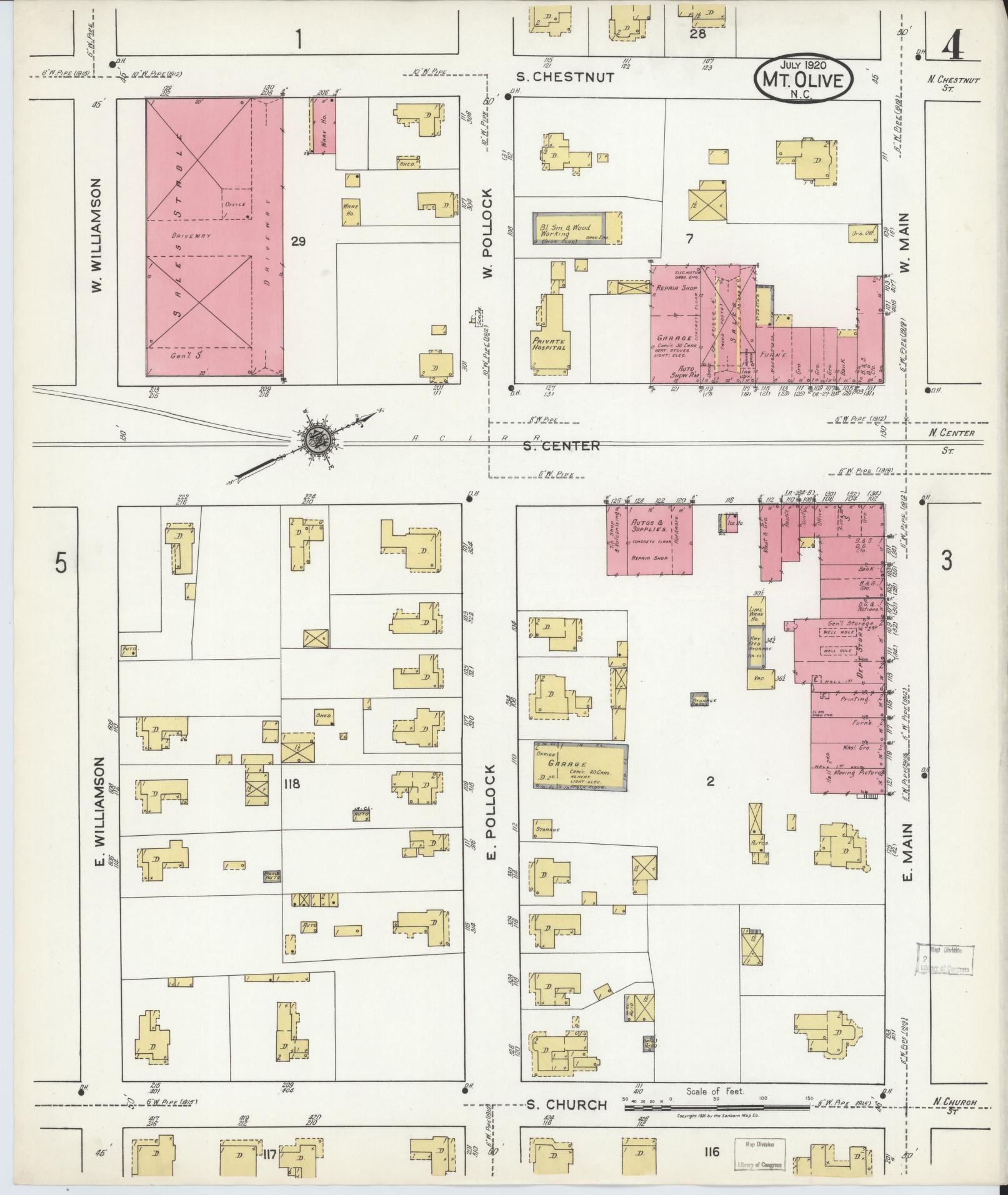 Sanborn Fire Insurance Map from Mount Olive, Wayne County, North Carolina (1920), Sheet #0004 - Complete Map Set gallery image, historic Sanborn map, vintage wall art, North Carolina North Carolina