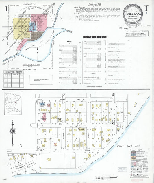 Sanborn Fire Insurance Map from Moose Lake, Carlton County, Minnesota (1951), Sheet #0001 - Historic Sanborn Fire Insurance Map Print, vintage old map wall art, antique decor, genealogy gift, Minnesota Minnesota map
