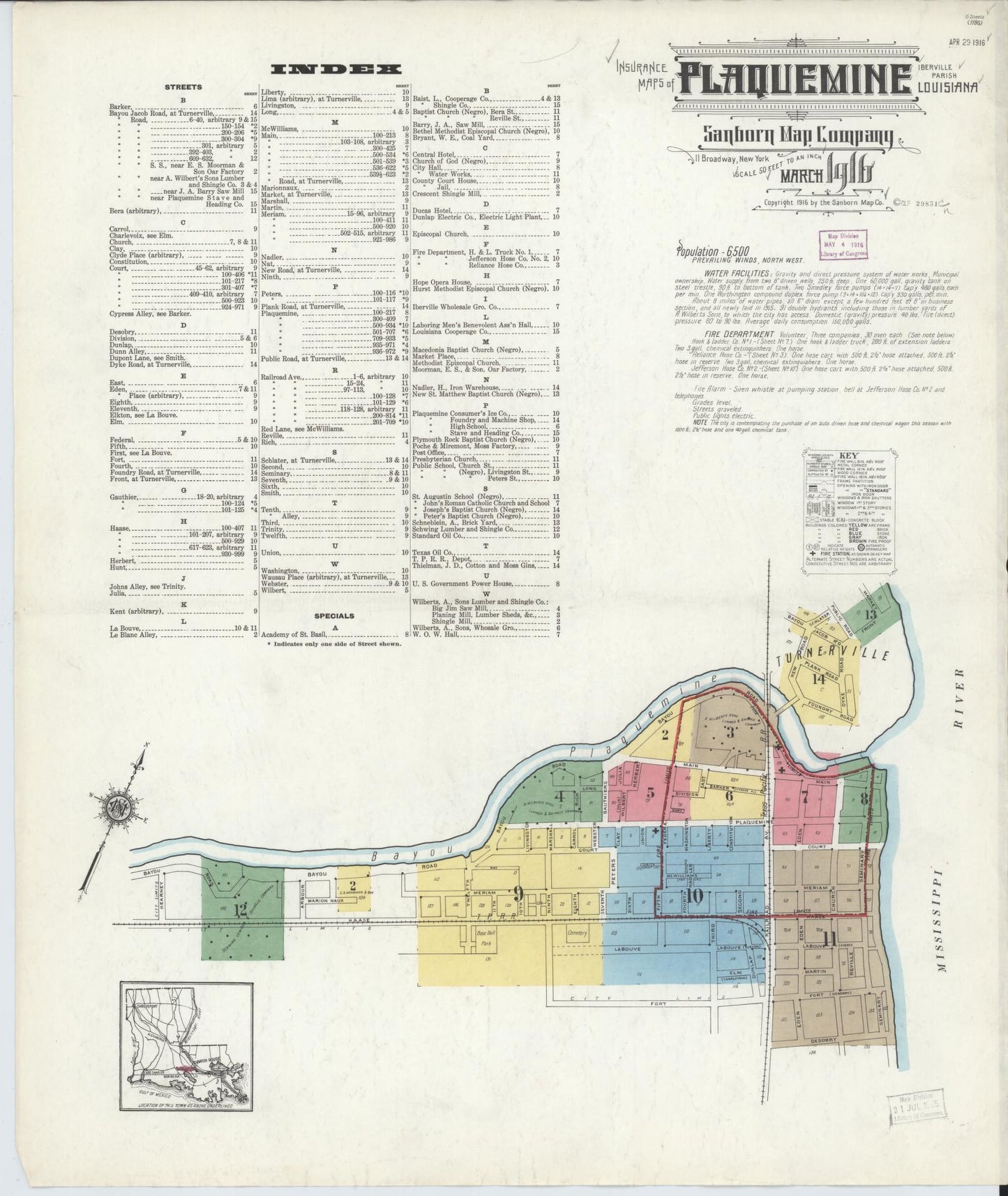 Sanborn Fire Insurance Map from Plaquemine, Iberville Parish, Louisiana. (1916) – Historic Sanborn Fire Insurance Map Print