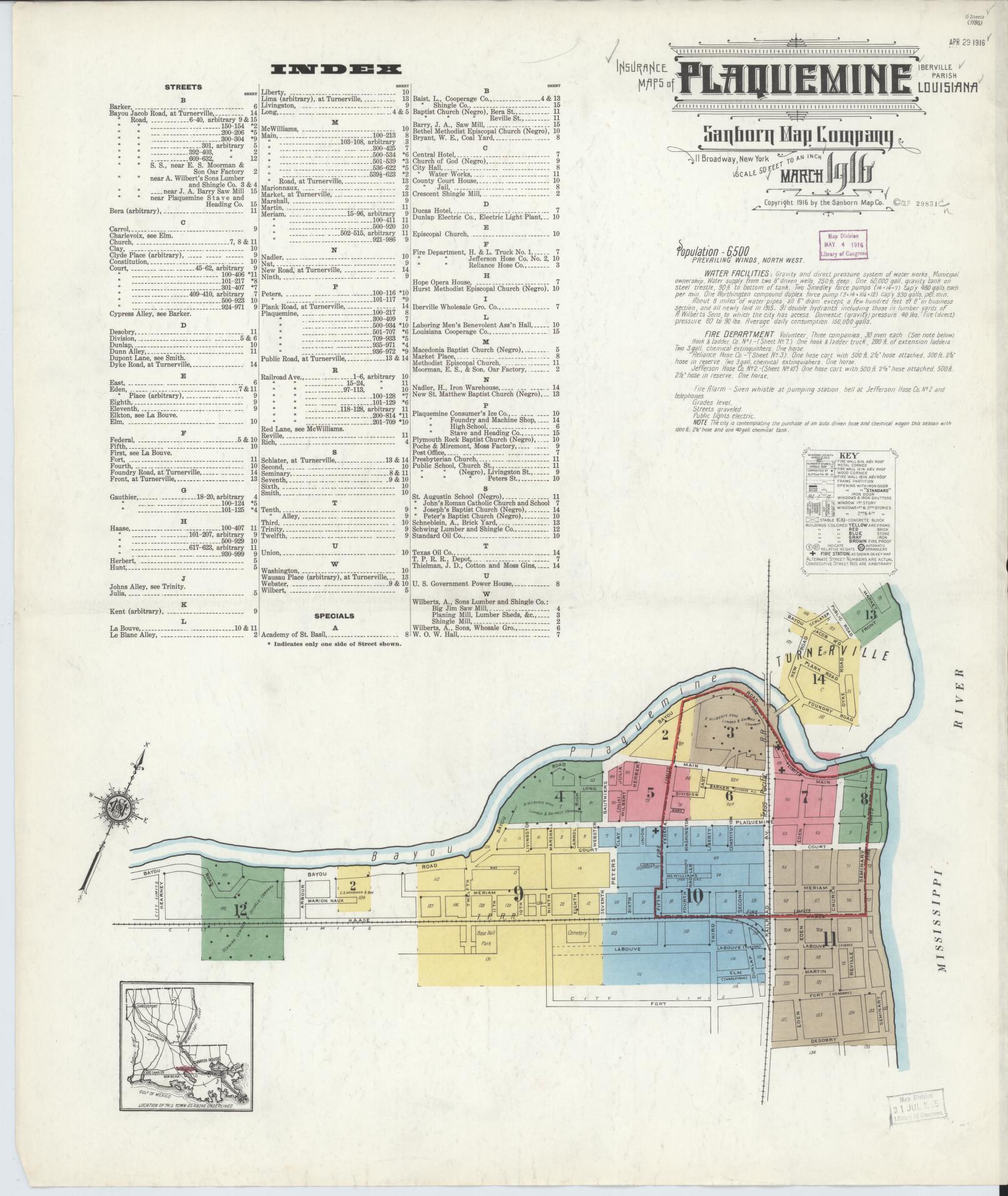 Sanborn Fire Insurance Map from Plaquemine, Iberville Parish, Louisiana. (1916) – Historic Sanborn Fire Insurance Map Print