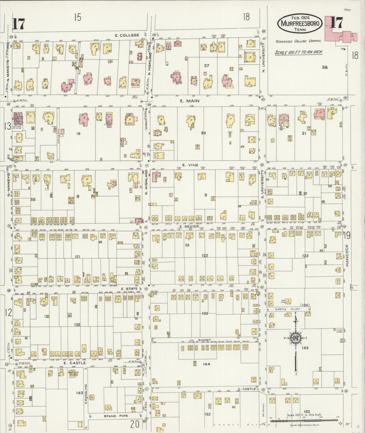 Sanborn Fire Insurance Map from Murfreesboro, Rutherford County, Tennessee (1924), Sheet #0017 - Complete Map Set gallery image, historic Sanborn map, vintage wall art, Tennessee Tennessee