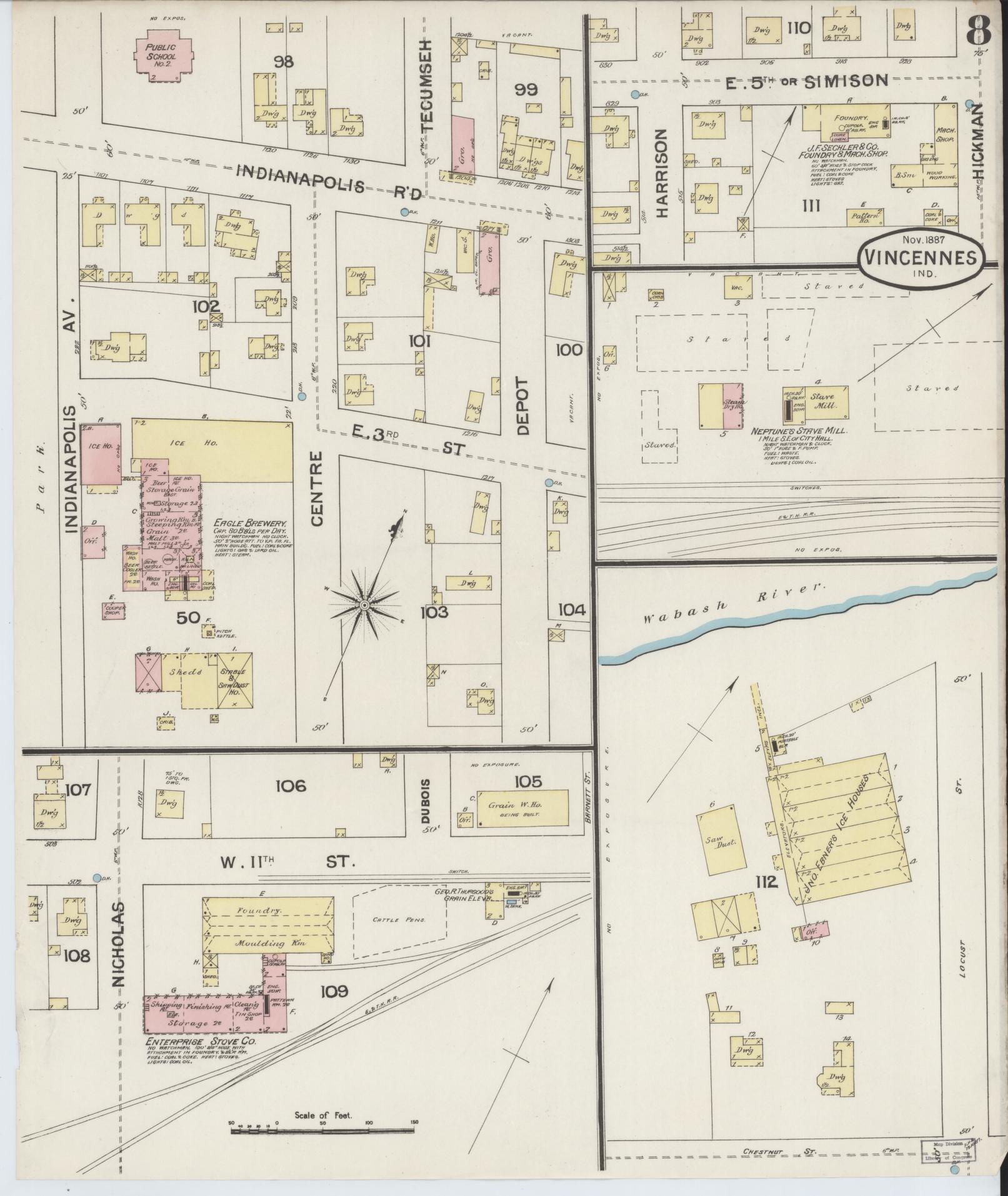 Sanborn Fire Insurance Map from Vincennes, Knox County, Indiana (1887), Sheet #0008 - Complete Map Set gallery image, historic Sanborn map, vintage wall art, Indiana Indiana