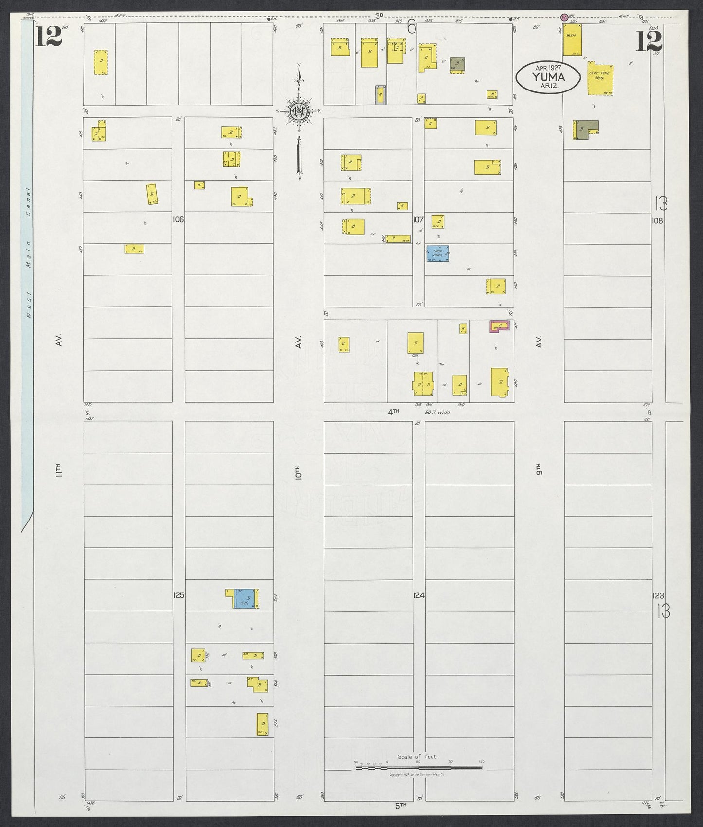 Sanborn Fire Insurance Map from Yuma, Yuma County, Arizona (1927), Sheet #0012 - Complete Map Set gallery image, historic Sanborn map, vintage wall art, Arizona Arizona