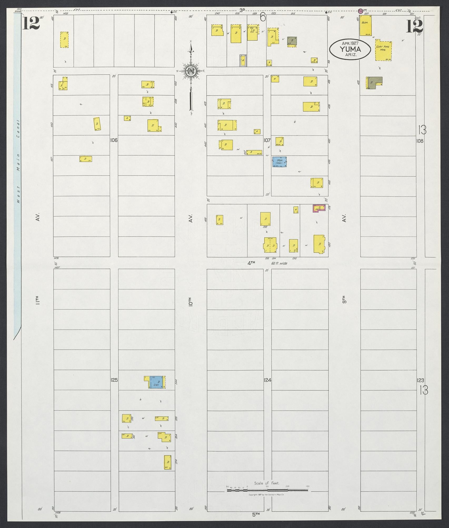 Sanborn Fire Insurance Map from Yuma, Yuma County, Arizona (1927), Sheet #0012 - Complete Map Set gallery image, historic Sanborn map, vintage wall art, Arizona Arizona
