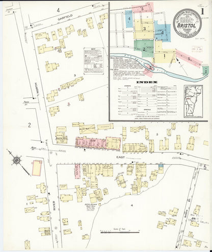 Sanborn Fire Insurance Map from Bristol, Addison County, Vermont (1914), Sheet #0001 - Complete Map Set gallery image, historic Sanborn map, vintage wall art, Vermont Vermont