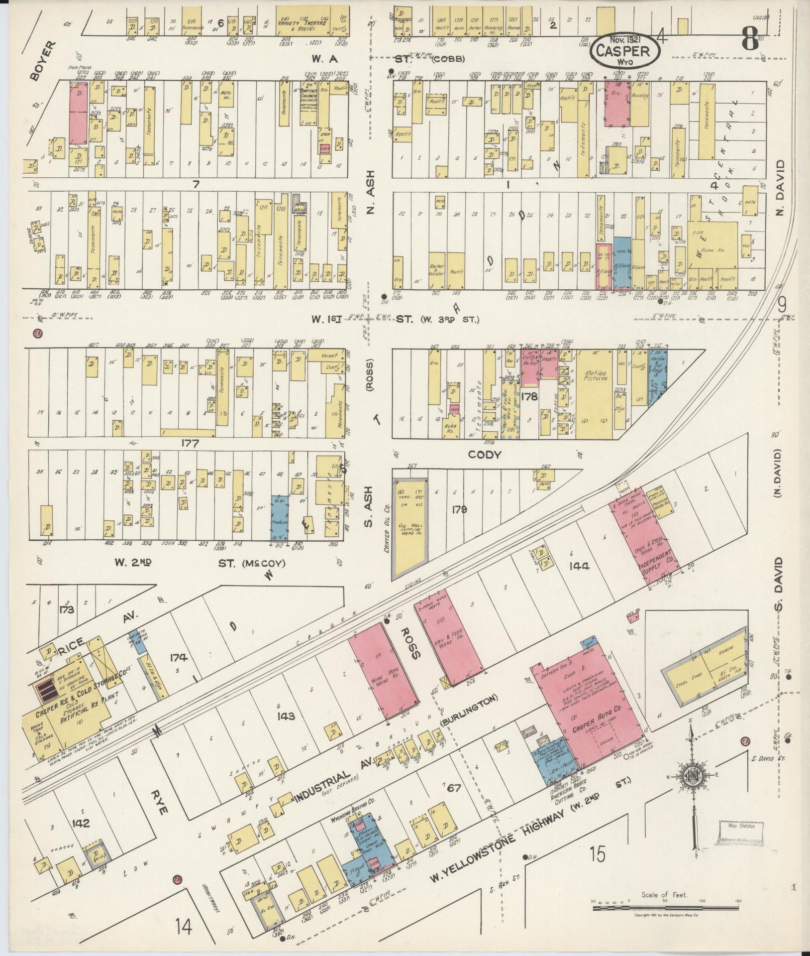 Sanborn Fire Insurance Map from Casper, Natrona County, Wyoming (1921), Sheet #0009 - Complete Map Set gallery image, historic Sanborn map, vintage wall art, Wyoming Wyoming