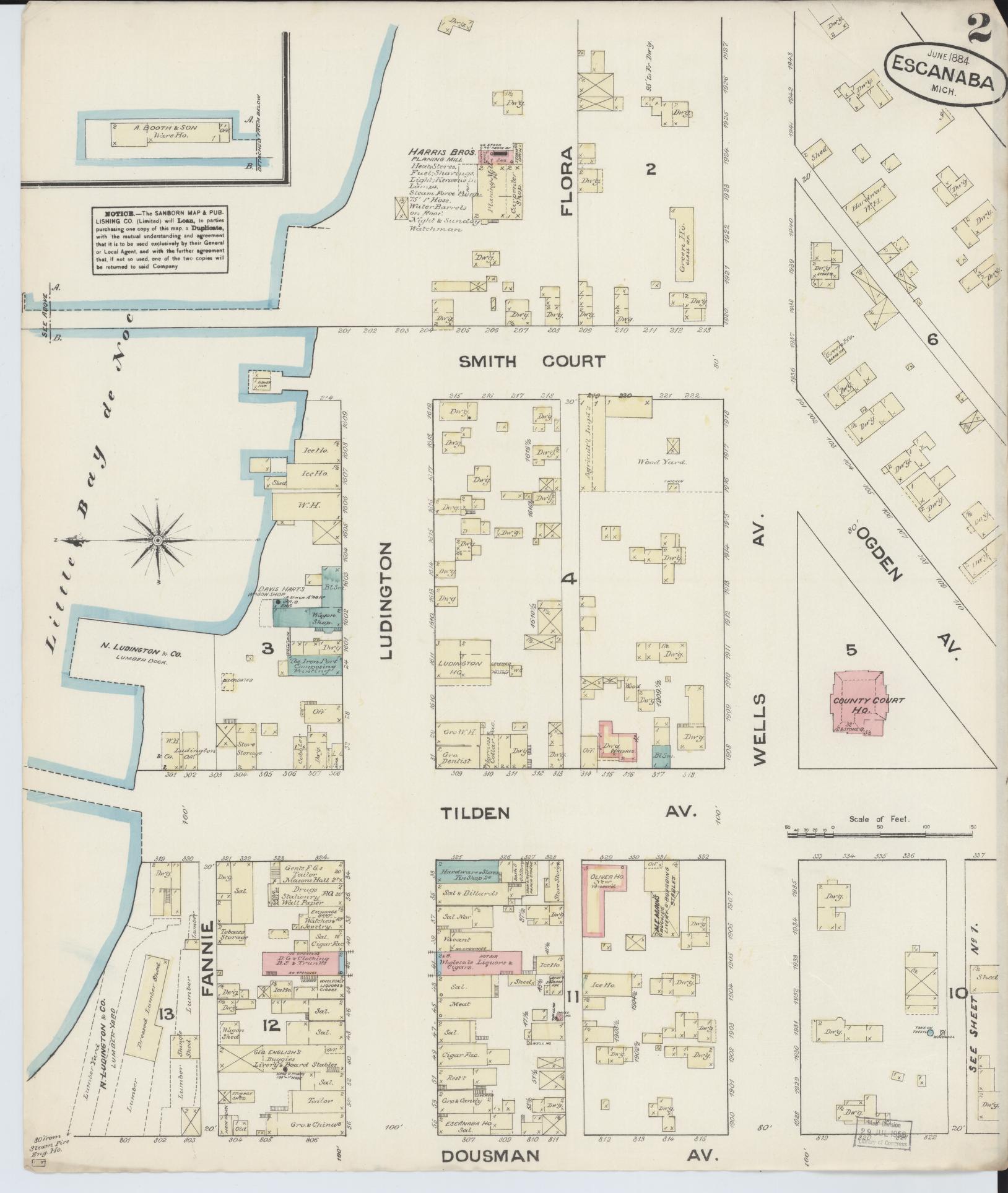 Sanborn Fire Insurance Map from Escanaba, Delta County, Michigan (1884), Sheet #0002 - Complete Map Set gallery image, historic Sanborn map, vintage wall art, Michigan Michigan