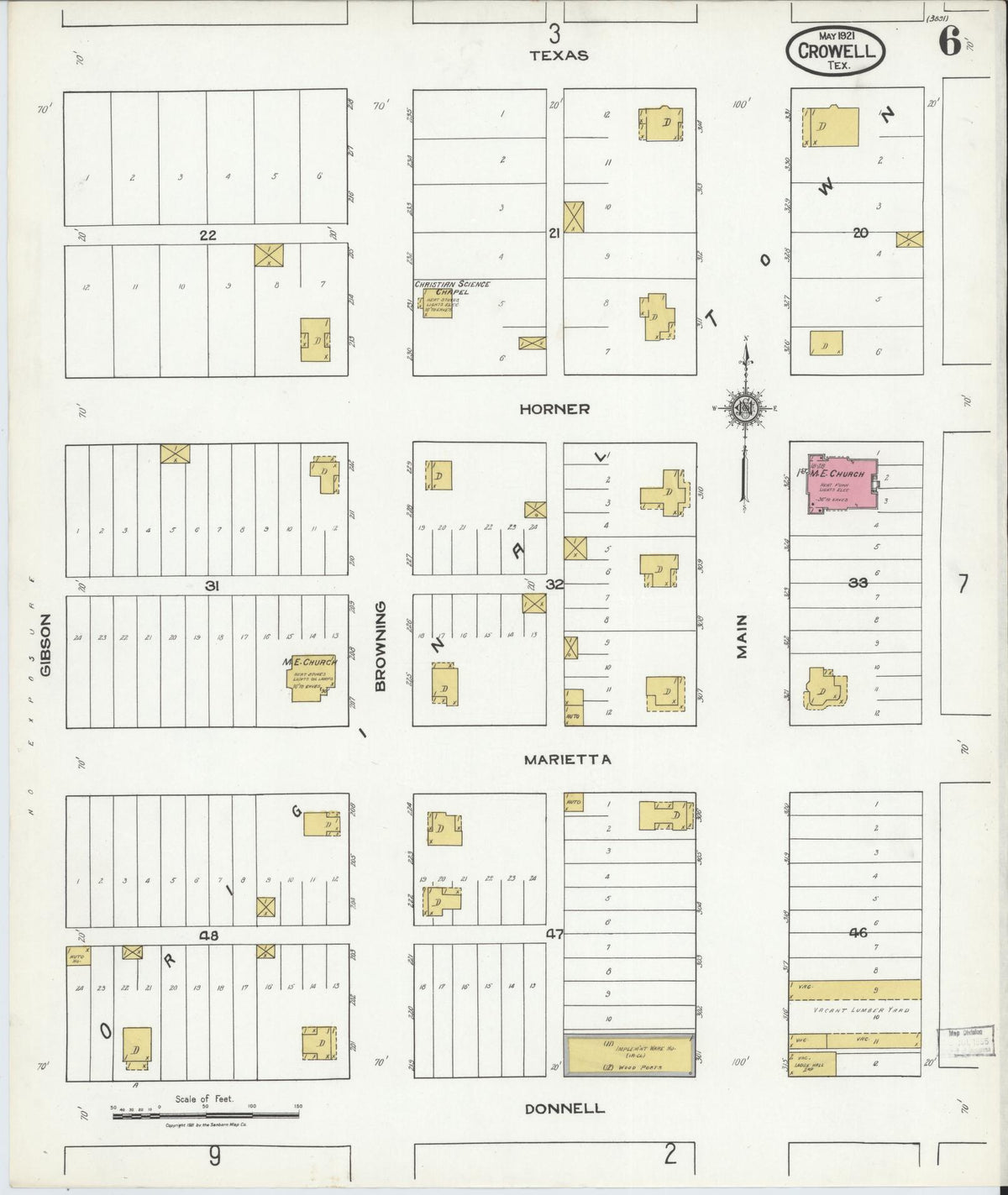 Sanborn Fire Insurance Map from Crowell, Foard County, Texas (1921), Sheet #0006 - Historic Sanborn Fire Insurance Map Print, vintage old map wall art, antique decor, genealogy gift, Texas Texas map