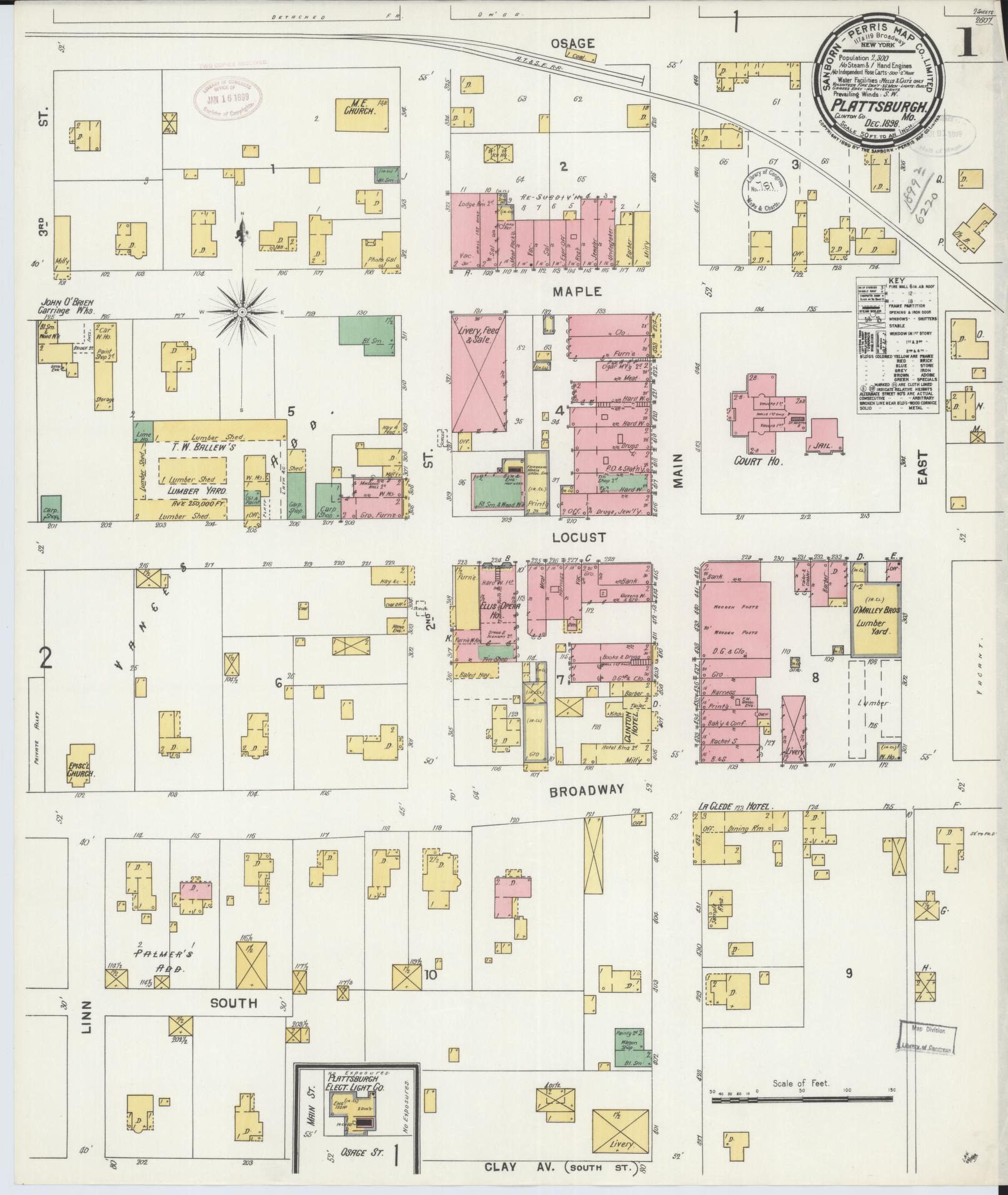 Sanborn Fire Insurance Map from Plattsburg, Clinton County, Missouri (1898), Sheet #0001 - Historic Sanborn Fire Insurance Map Print, vintage old map wall art, antique decor, genealogy gift, Missouri Missouri map
