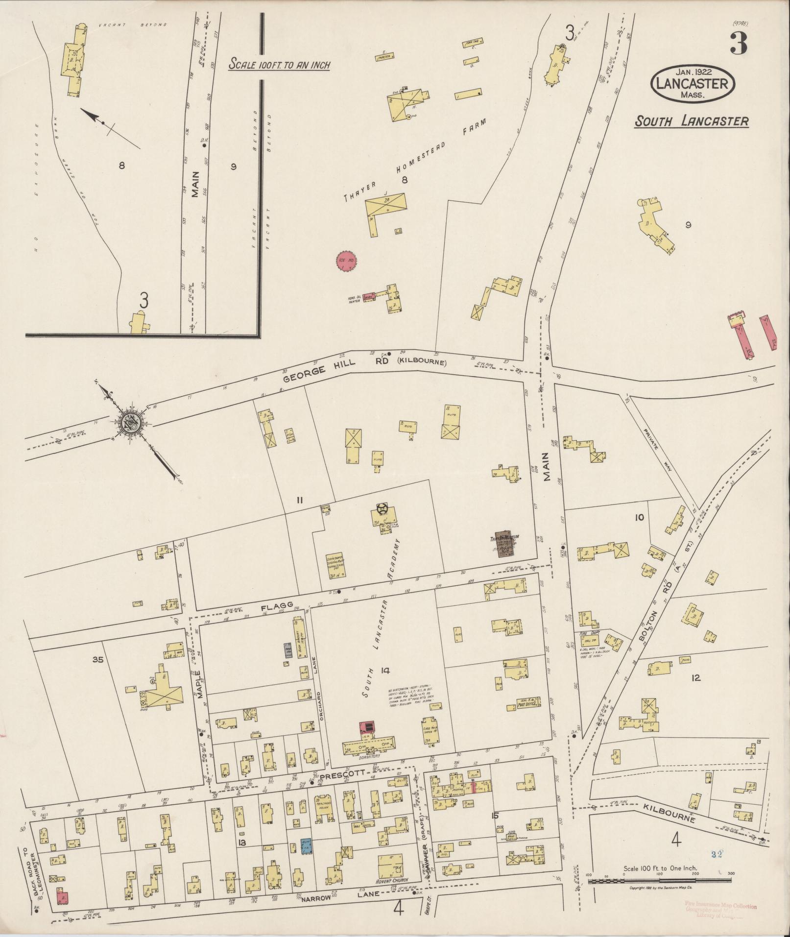 Sanborn Fire Insurance Map from Lancaster, Worcester County, Massachusetts (1922), Sheet #0003 - Historic Sanborn Fire Insurance Map Print, vintage old map wall art, antique decor, genealogy gift, Massachusetts Massachusetts map
