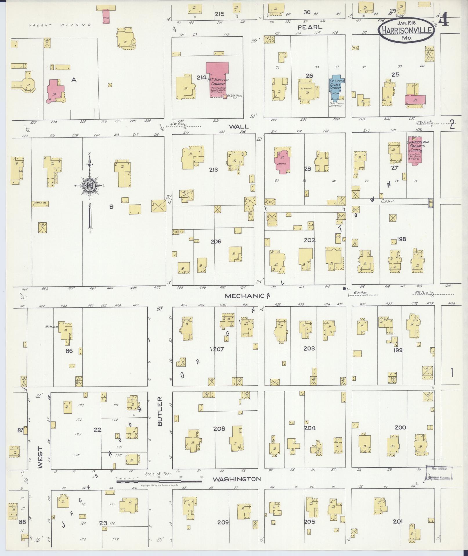 Sanborn Fire Insurance Map from Harrisonville, Cass County, Missouri (1918), Sheet #0004 - Historic Sanborn Fire Insurance Map Print, vintage old map wall art, antique decor, genealogy gift, Missouri Missouri map