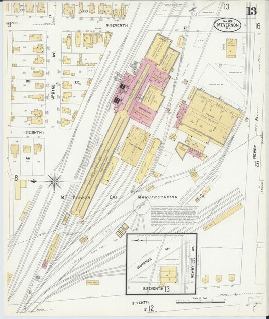 Sanborn Fire Insurance Map from Mount Vernon, Jefferson County, Illinois (1908), Sheet #0013 - Historic Sanborn Fire Insurance Map Print, vintage old map wall art, antique decor, genealogy gift, Illinois Illinois map
