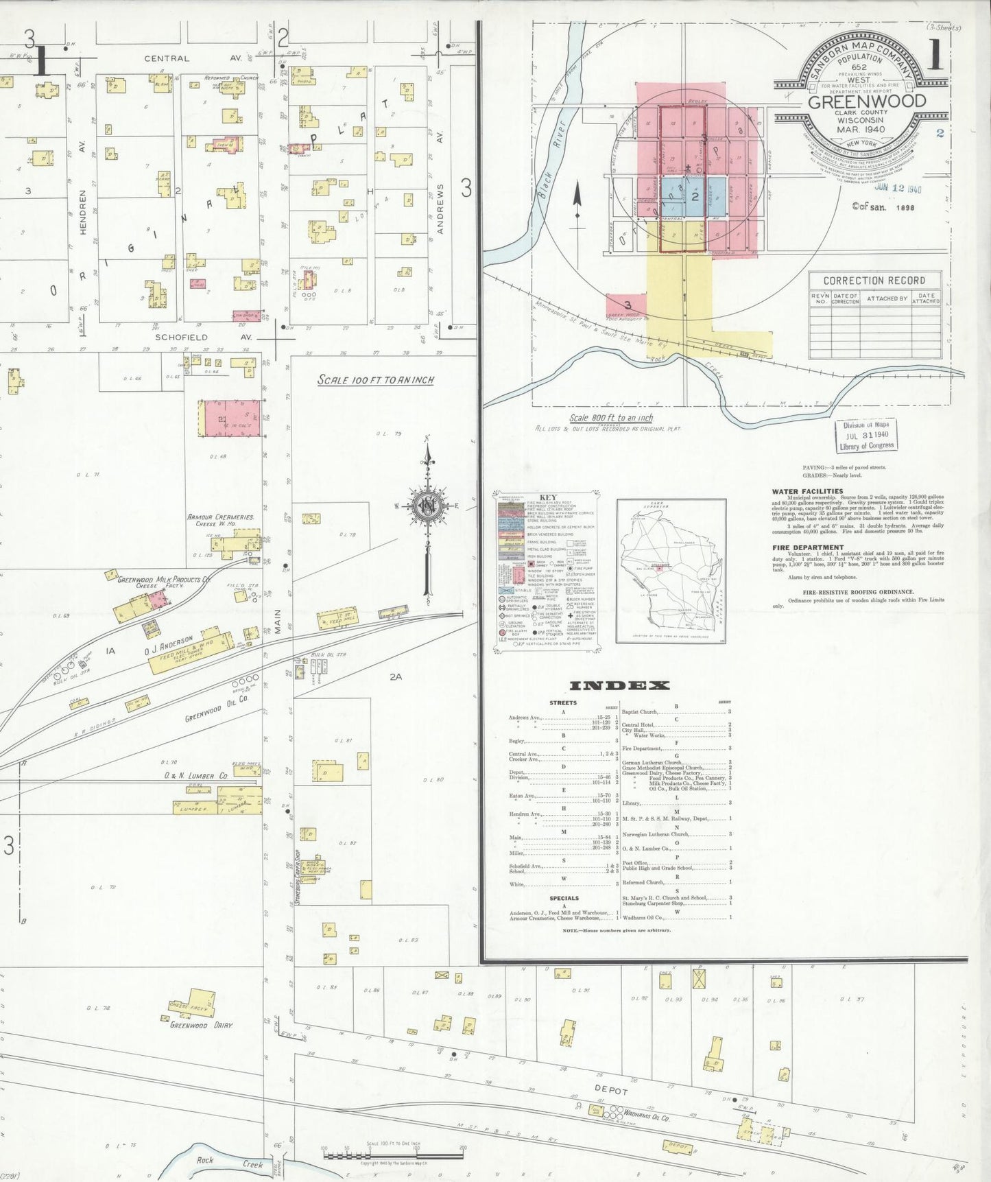 Sanborn Fire Insurance Map from Greenwood, Clark County, Wisconsin (1940), Sheet #0001 - Historic Sanborn Fire Insurance Map Print, vintage old map wall art, antique decor, genealogy gift, Wisconsin Wisconsin map