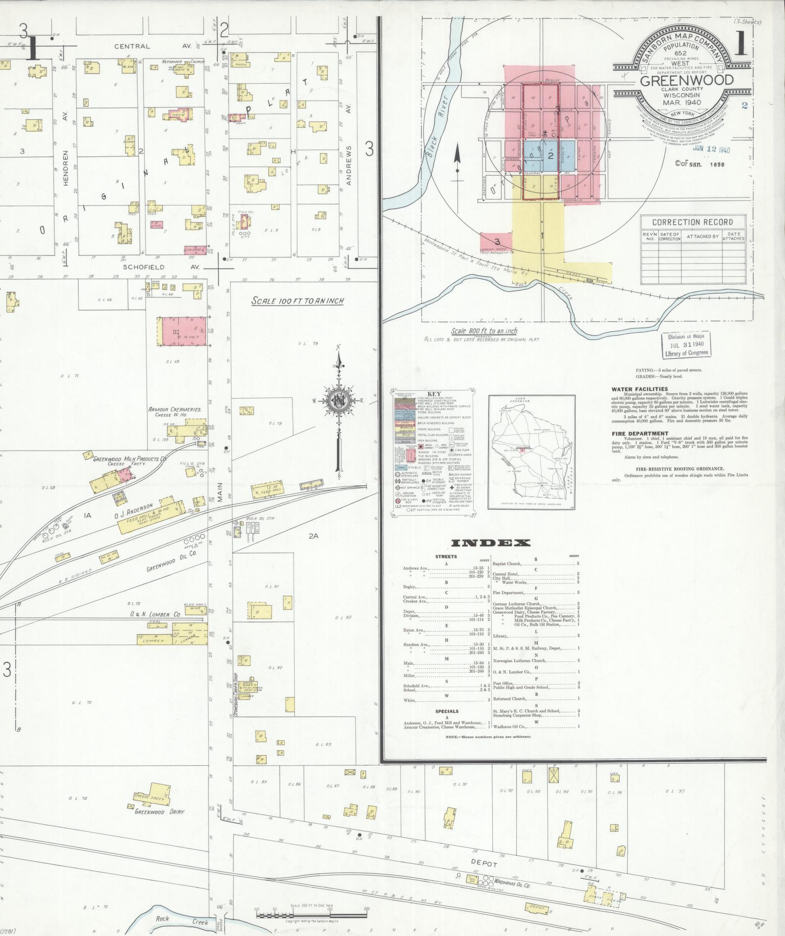 Sanborn Fire Insurance Map from Greenwood, Clark County, Wisconsin (1940), Sheet #0001 - Historic Sanborn Fire Insurance Map Print, vintage old map wall art, antique decor, genealogy gift, Wisconsin Wisconsin map