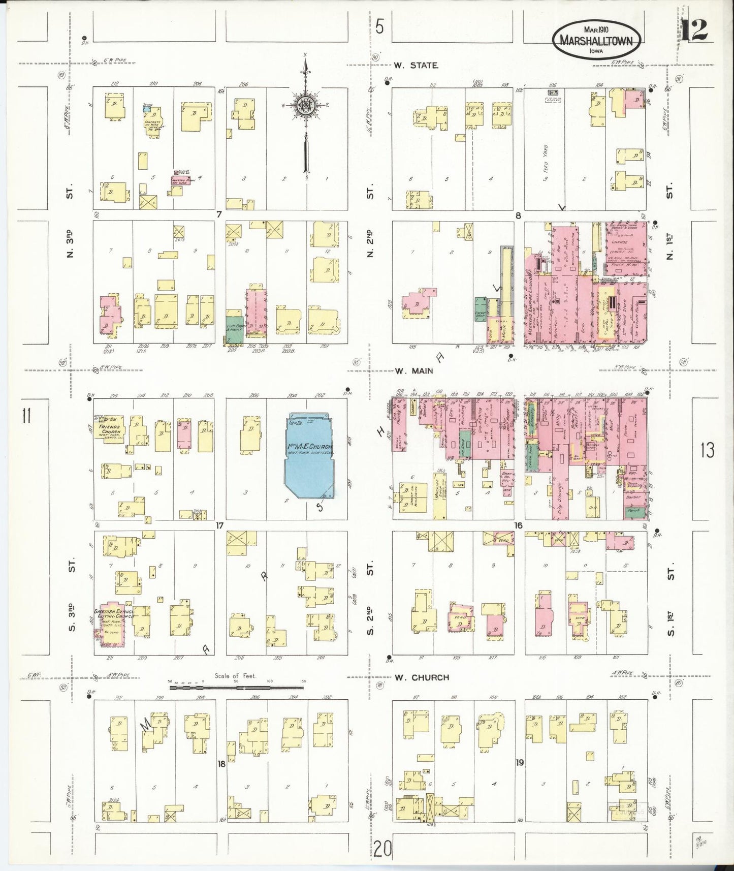 Sanborn Fire Insurance Map from Marshalltown, Marshall County, Iowa (1910), Sheet #0012 - Historic Sanborn Fire Insurance Map Print, vintage old map wall art