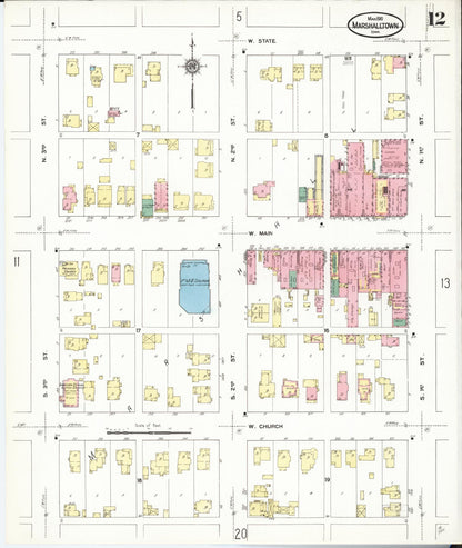 Sanborn Fire Insurance Map from Marshalltown, Marshall County, Iowa (1910), Sheet #0012 - Historic Sanborn Fire Insurance Map Print, vintage old map wall art