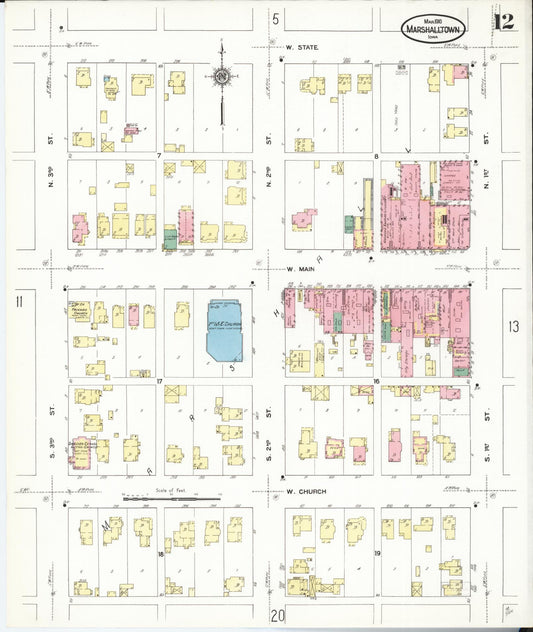 Sanborn Fire Insurance Map from Marshalltown, Marshall County, Iowa (1910), Sheet #0012 - Historic Sanborn Fire Insurance Map Print, vintage old map wall art