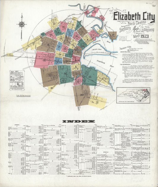 Sanborn Fire Insurance Map from Elizabeth City, Pasquotank County, North Carolina (1923), Sheet #0001 - Historic Sanborn Fire Insurance Map Print, vintage old map wall art, antique decor, genealogy gift, North Carolina North Carolina map