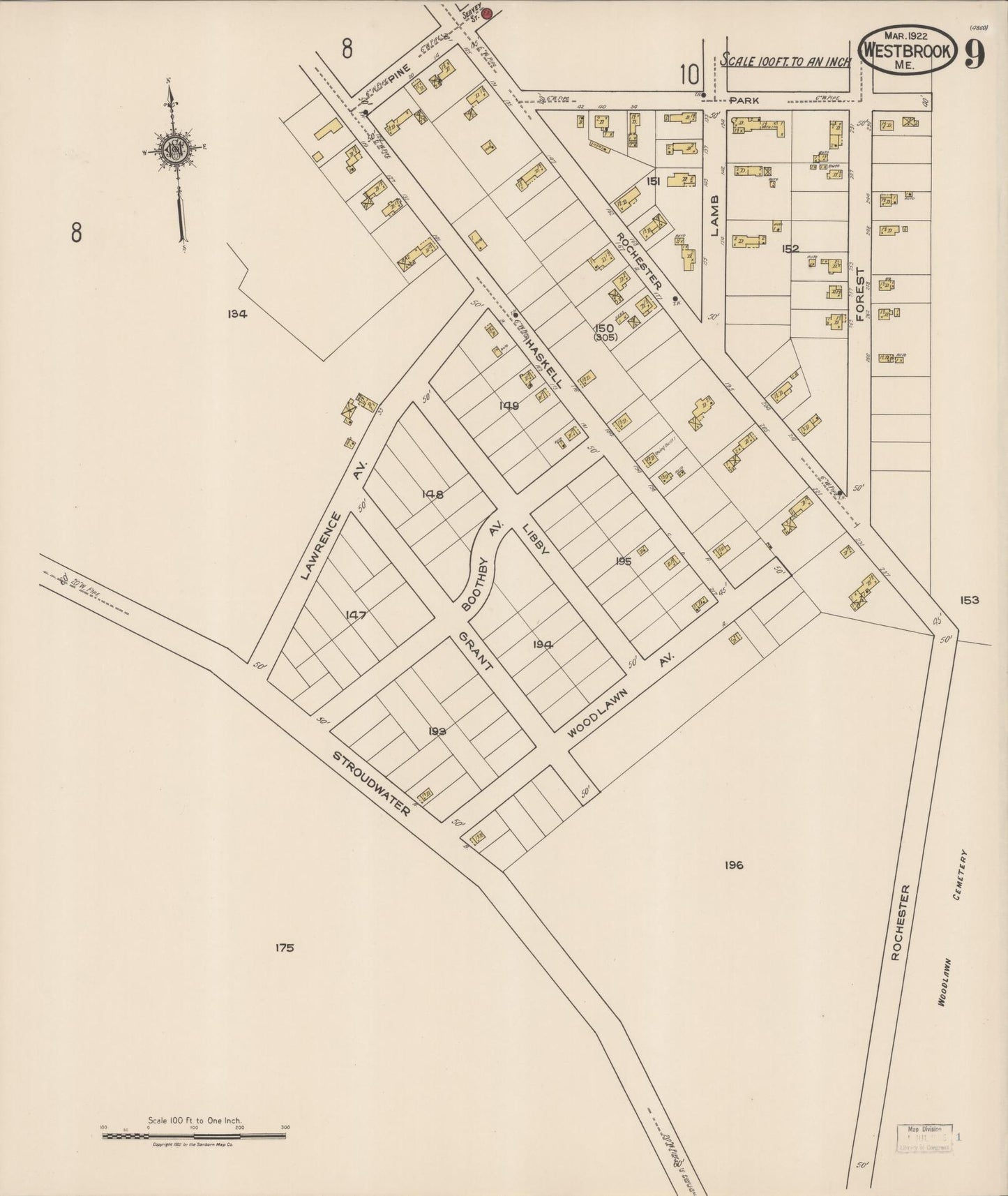 Sanborn Fire Insurance Map from Westbrook, Cumberland County, Maine (1922), Sheet #0009 - Complete Map Set gallery image, historic Sanborn map, vintage wall art, Maine Maine