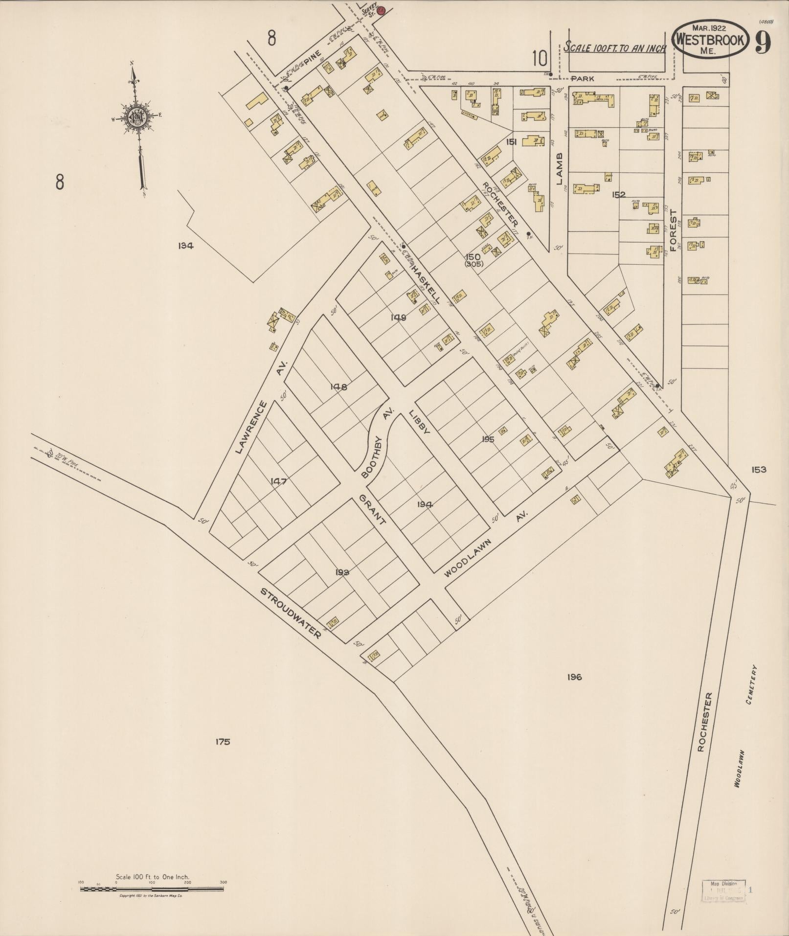 Sanborn Fire Insurance Map from Westbrook, Cumberland County, Maine (1922), Sheet #0009 - Complete Map Set gallery image, historic Sanborn map, vintage wall art, Maine Maine